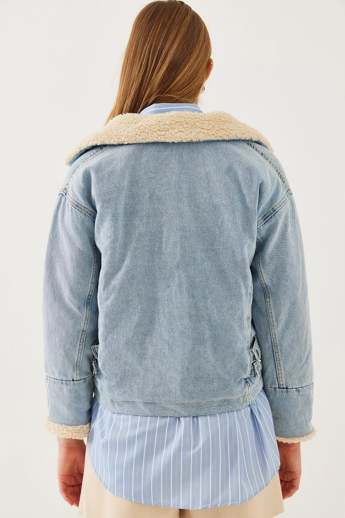 Peluş Detaylı Denim Mont 2260 60351037 - Mavi