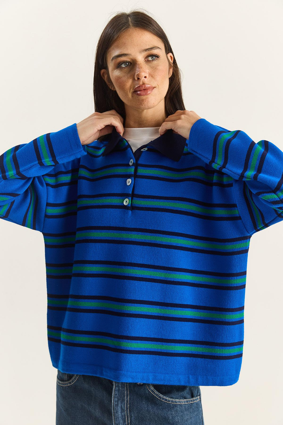 Polo Yaka Çizgili Basic Triko Kazak 20258061 - Saks KAZAK modelleri