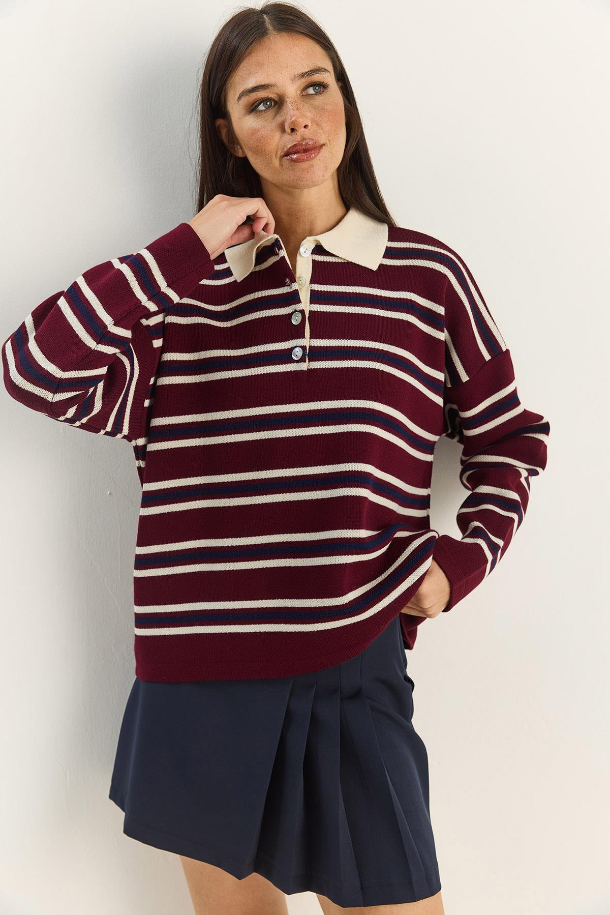 Polo Yaka Çizgili Basic Triko Kazak 20258061 - Bordo KAZAK modelleri