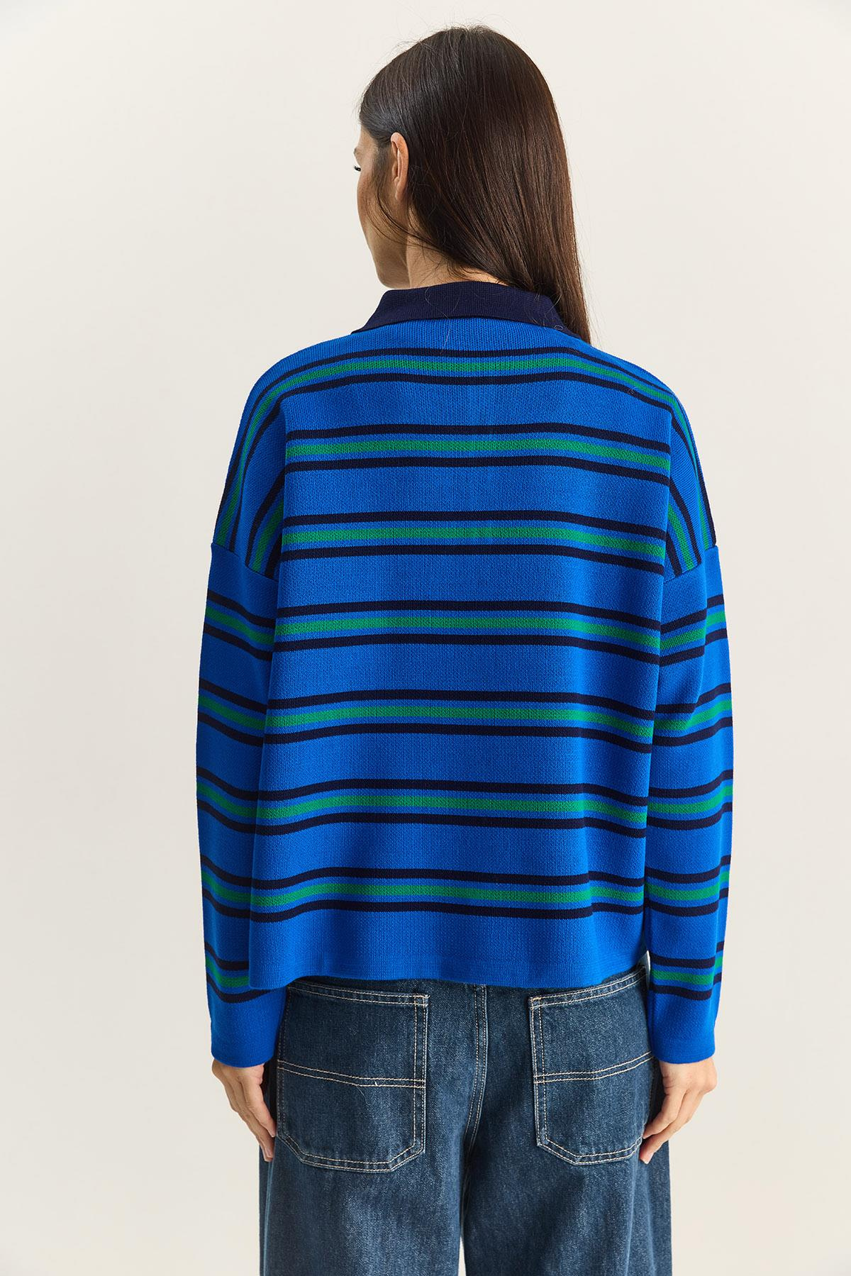 Polo Yaka Çizgili Basic Triko Kazak 20258061 - Saks KAZAK modelleri