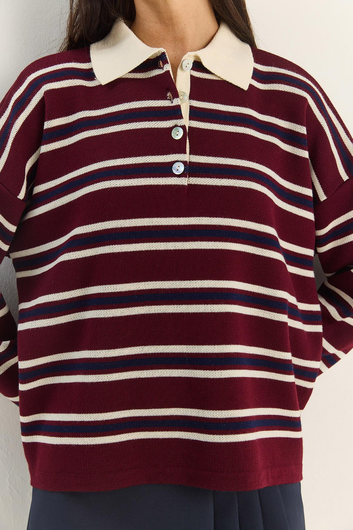 Polo Yaka Çizgili Basic Triko Kazak 20258061 - Bordo KAZAK modelleri