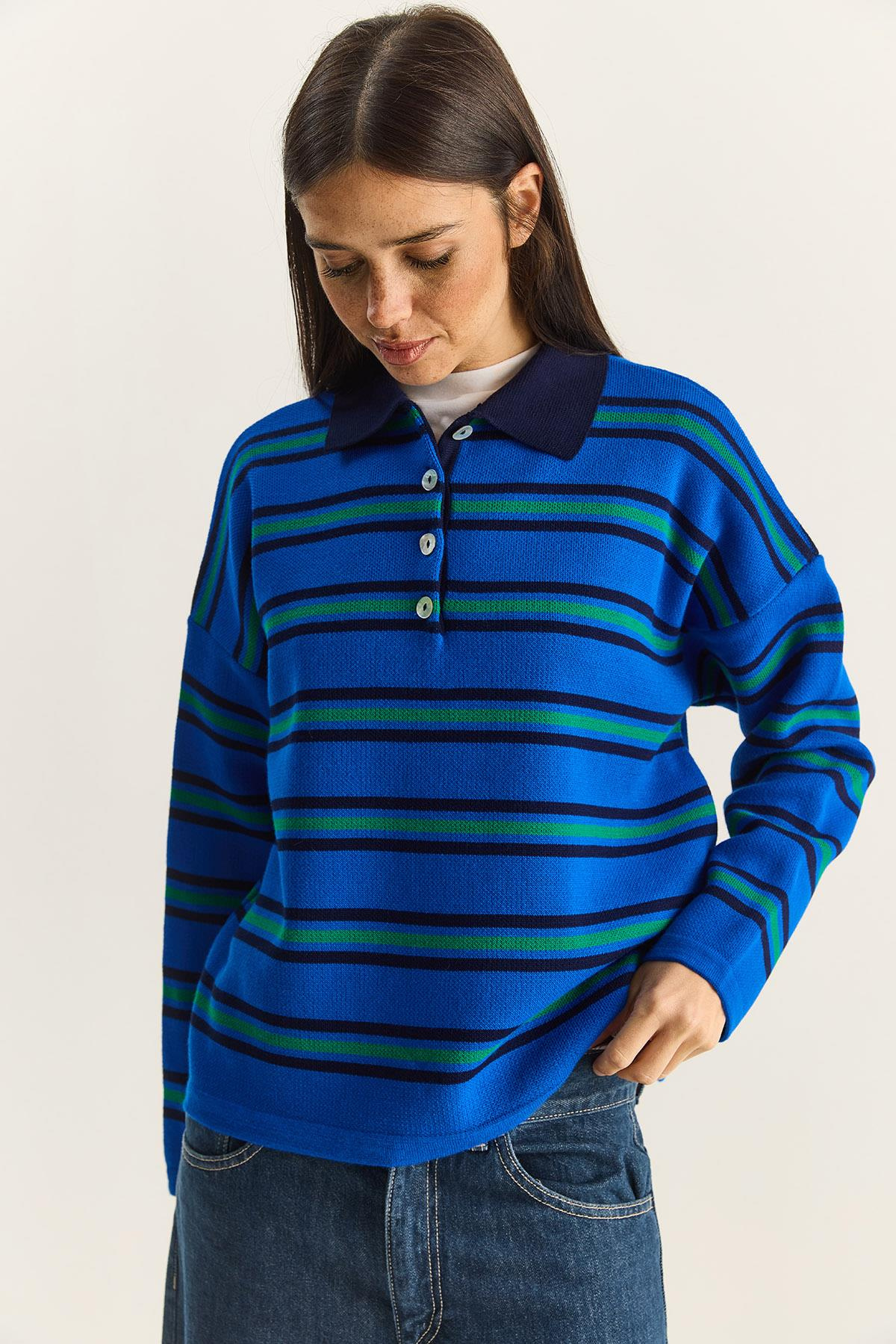 Polo Yaka Çizgili Basic Triko Kazak 20258061 - Saks KAZAK modelleri