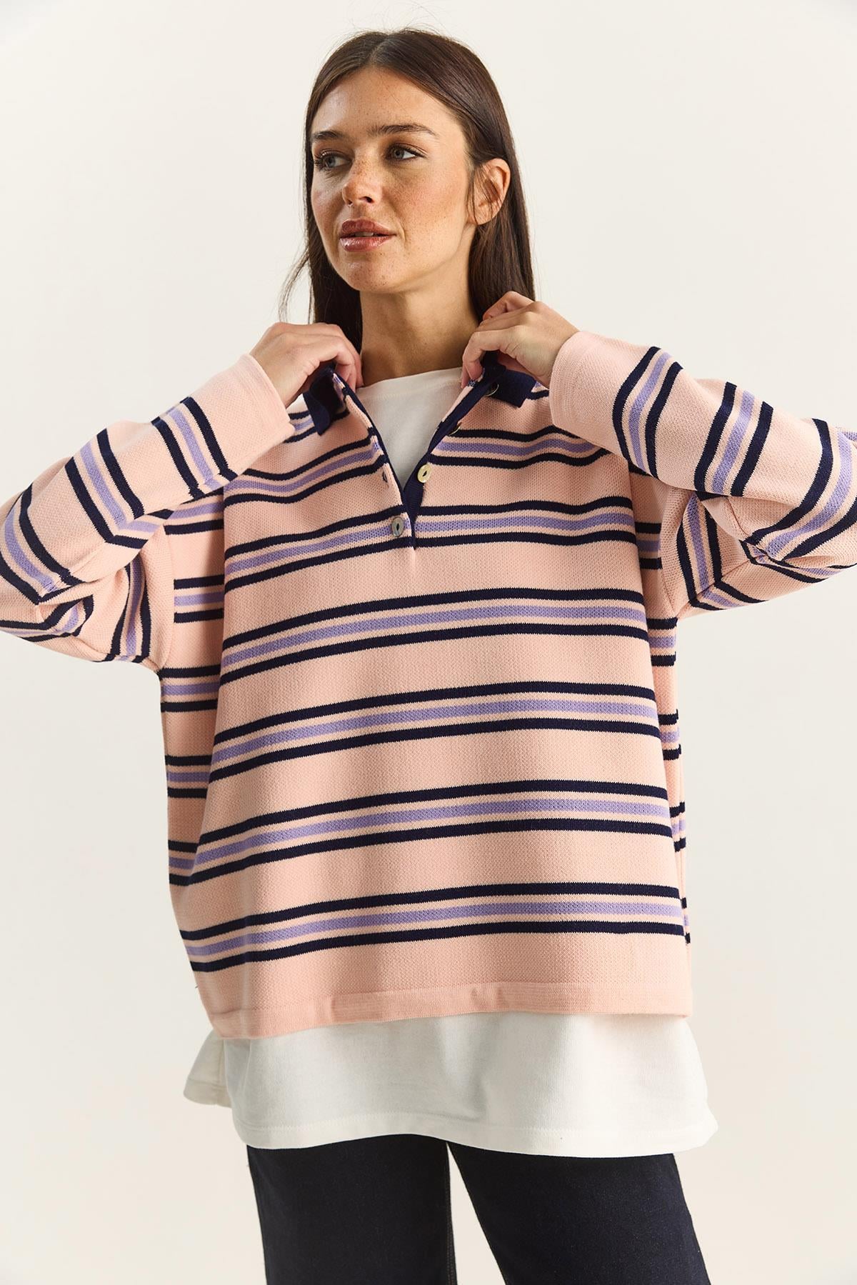Polo Yaka Çizgili Basic Triko Kazak 20258061 - Pembe KAZAK modelleri