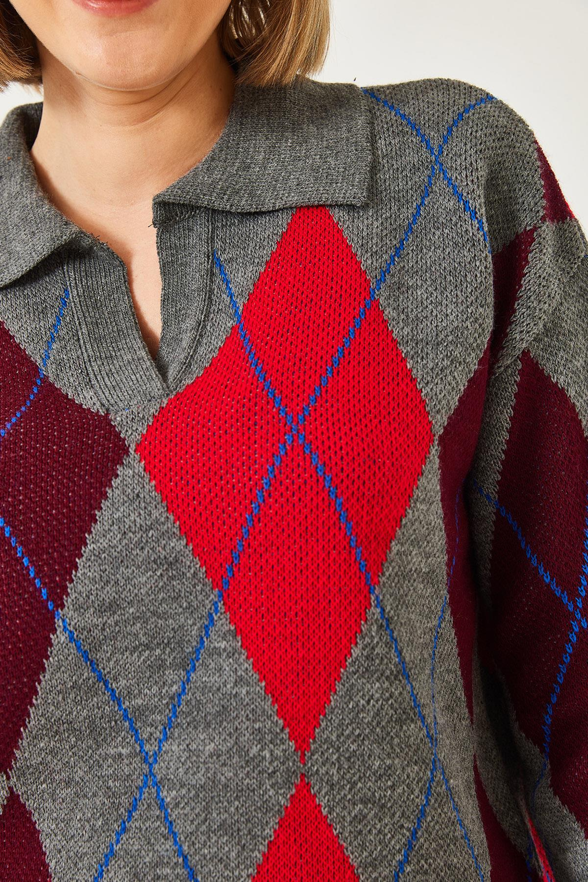 Polo Yaka Desenli Triko Kazak 20247580 - Antrasit-Bordo