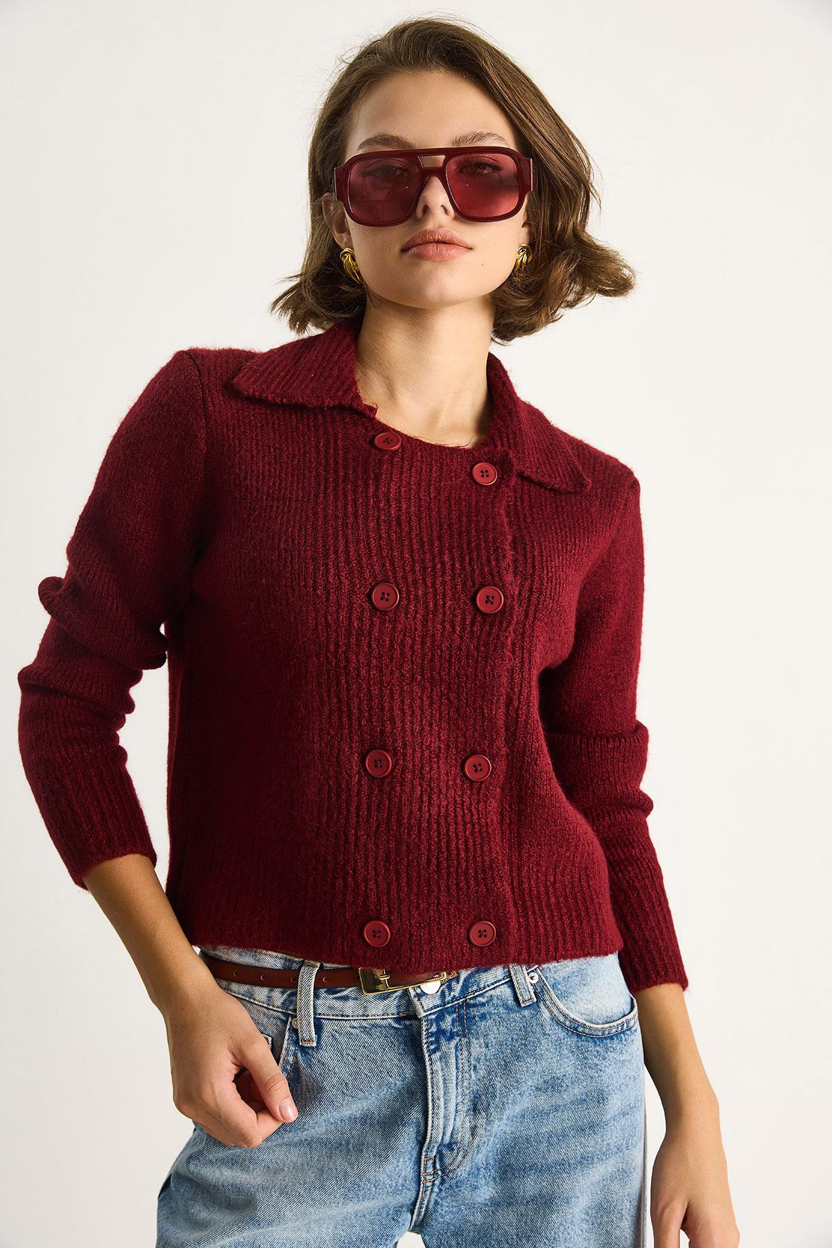 Polo Yaka Düğmeli Yumuşak Hırka 255252  60284080 - Bordo HIRKA modelleri