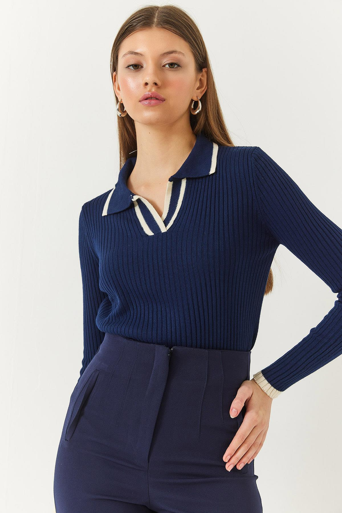Polo Yaka Fitilli Şerit Detaylı Mevsimlik Uzun Kollu Triko Bluz 60261446 - Lacivert-Ekru