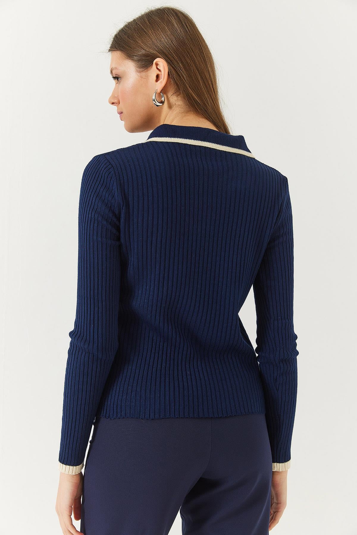 Polo Yaka Fitilli Şerit Detaylı Mevsimlik Uzun Kollu Triko Bluz 60261446 - Lacivert-Ekru
