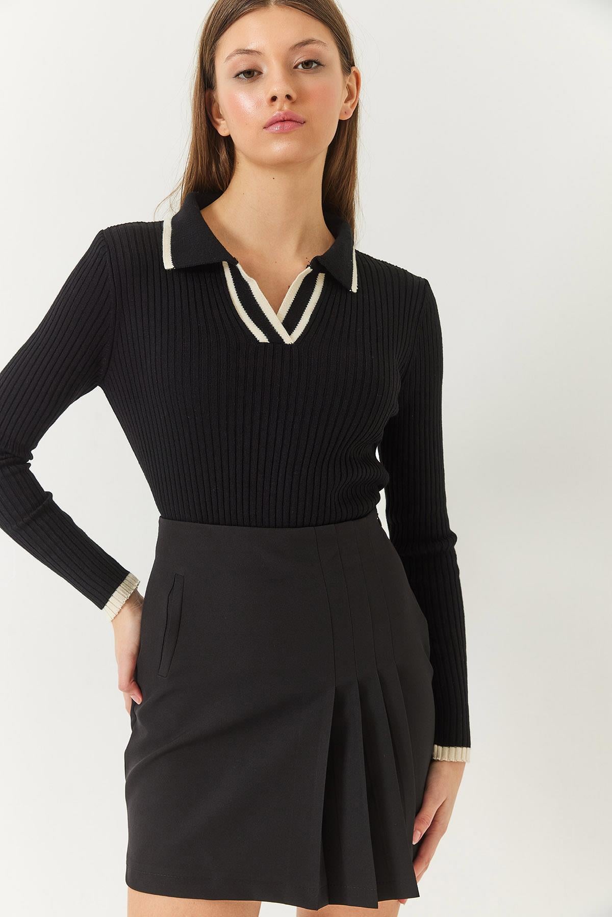 Polo Yaka Fitilli Şerit Detaylı Mevsimlik Uzun Kollu Triko Bluz 60261446 - Siyah-Ekru