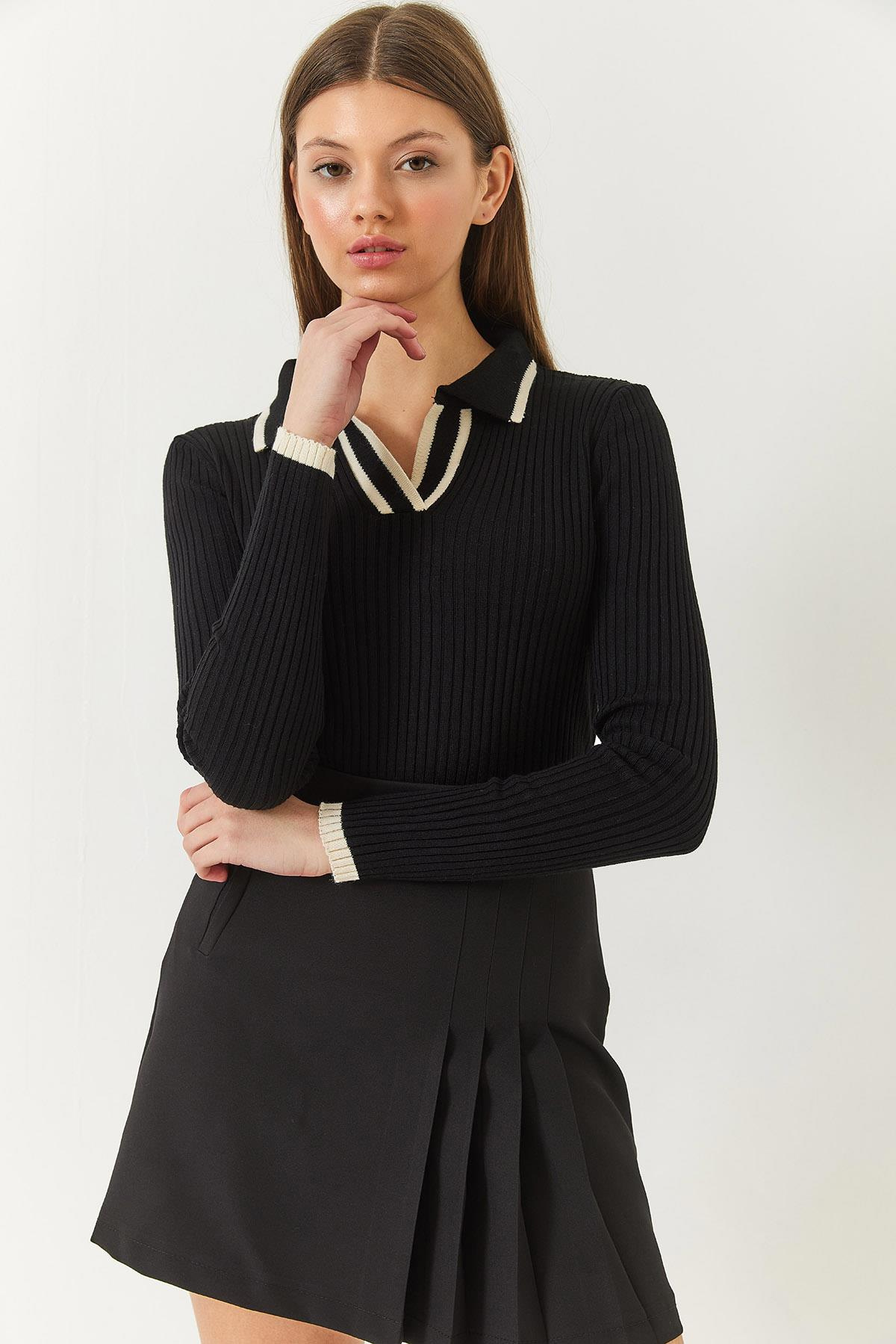 Polo Yaka Fitilli Şerit Detaylı Mevsimlik Uzun Kollu Triko Bluz 60261446 - Siyah-Ekru