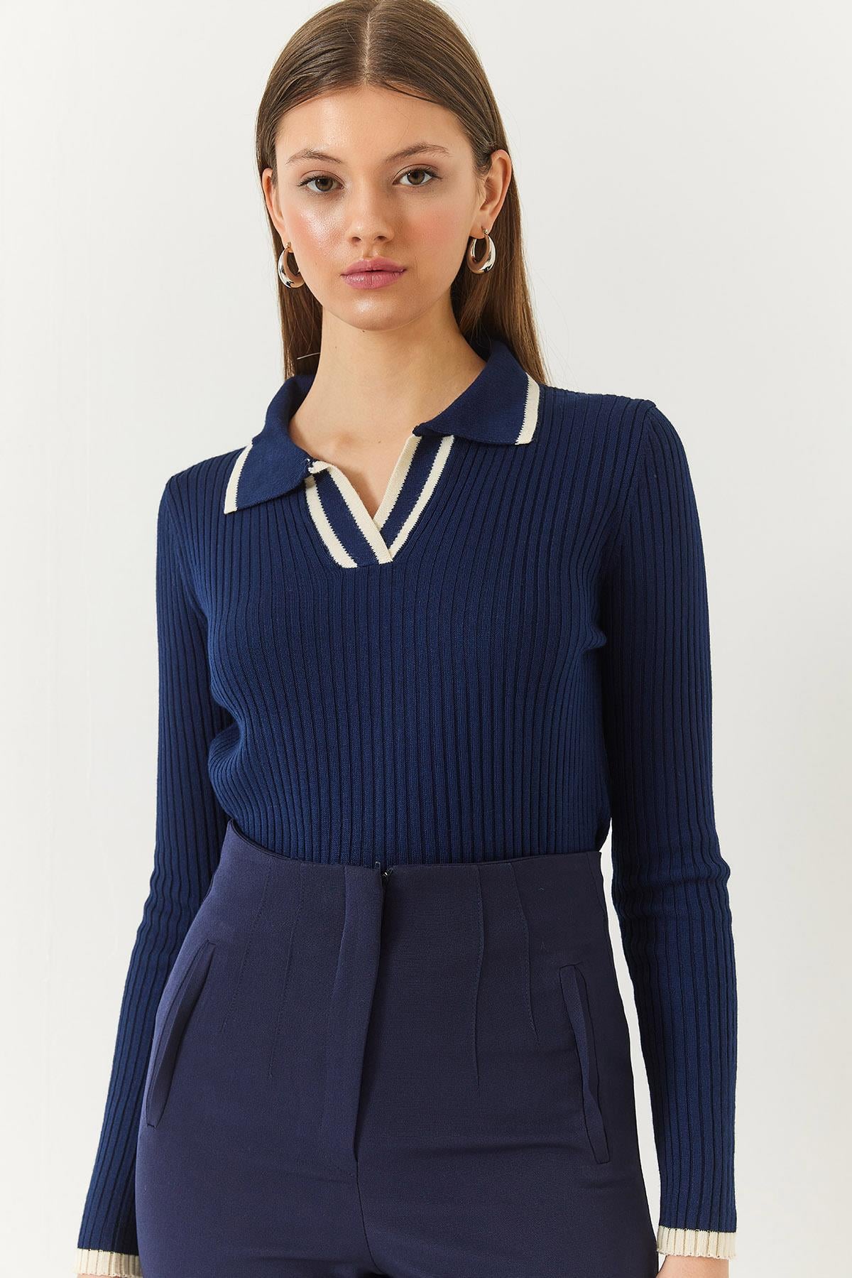 Polo Yaka Fitilli Şerit Detaylı Mevsimlik Uzun Kollu Triko Bluz 60261446 - Lacivert-Ekru