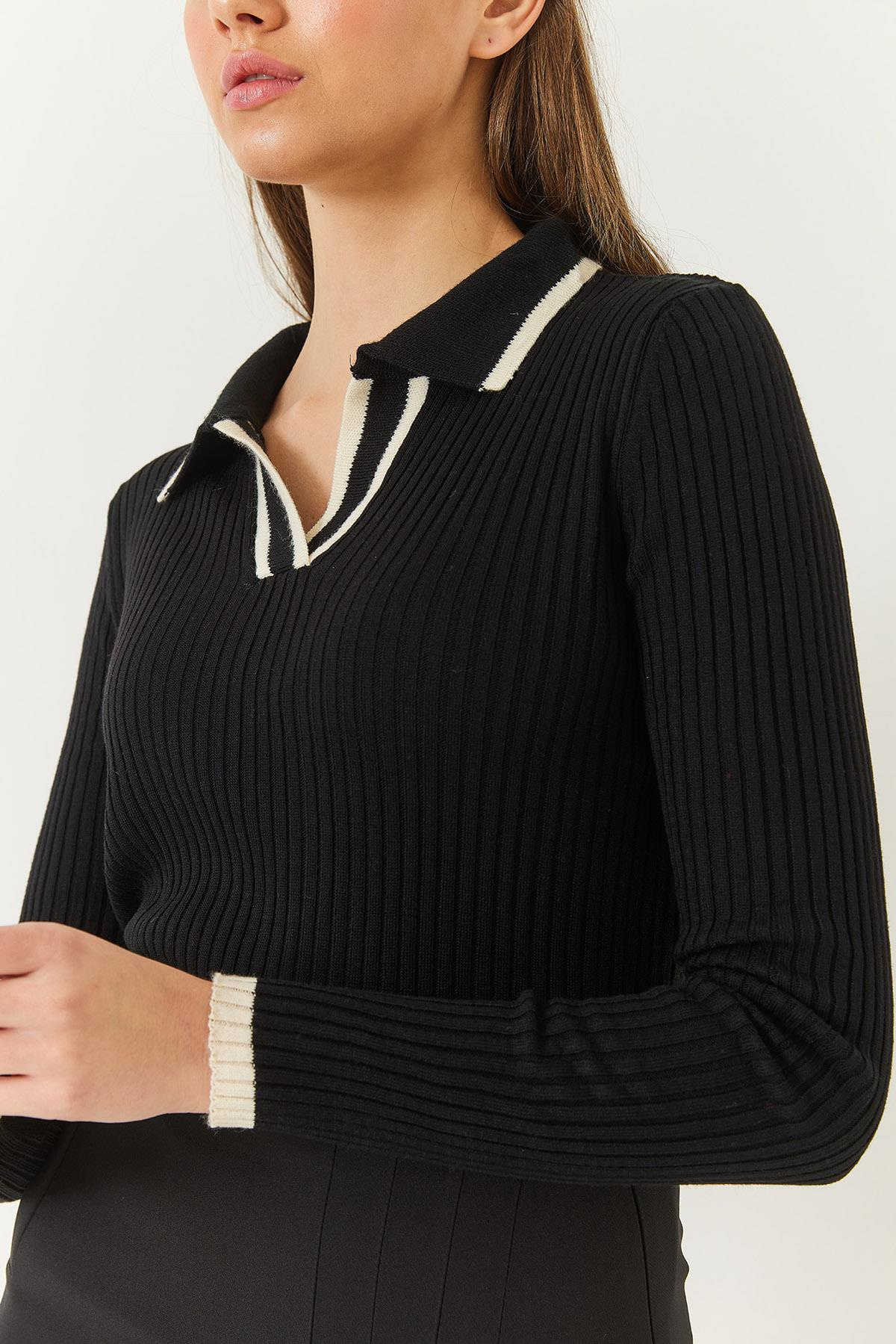 Polo Yaka Fitilli Şerit Detaylı Mevsimlik Uzun Kollu Triko Bluz 60261446 - Siyah-Ekru