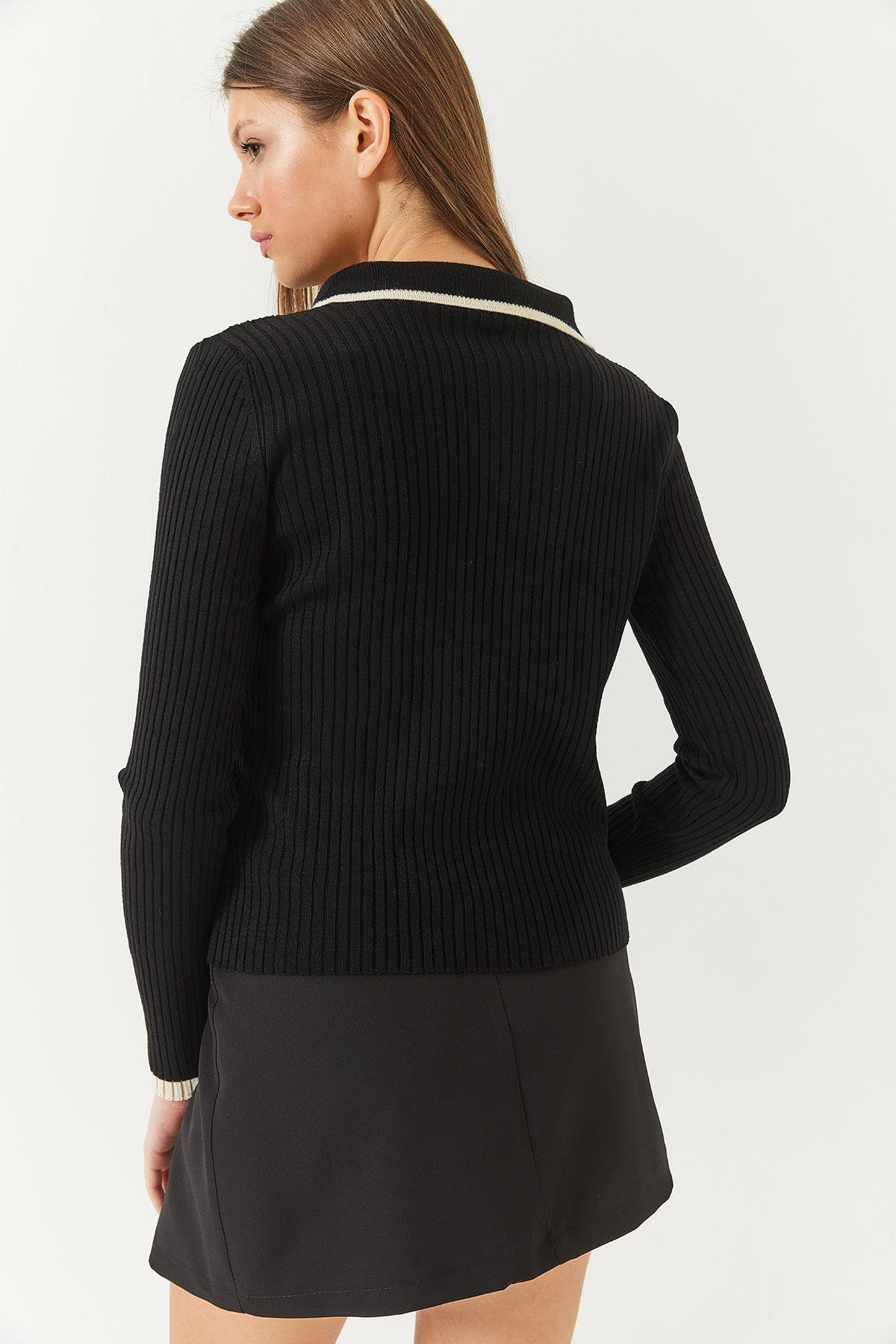 Polo Yaka Fitilli Şerit Detaylı Mevsimlik Uzun Kollu Triko Bluz 60261446 - Siyah-Ekru