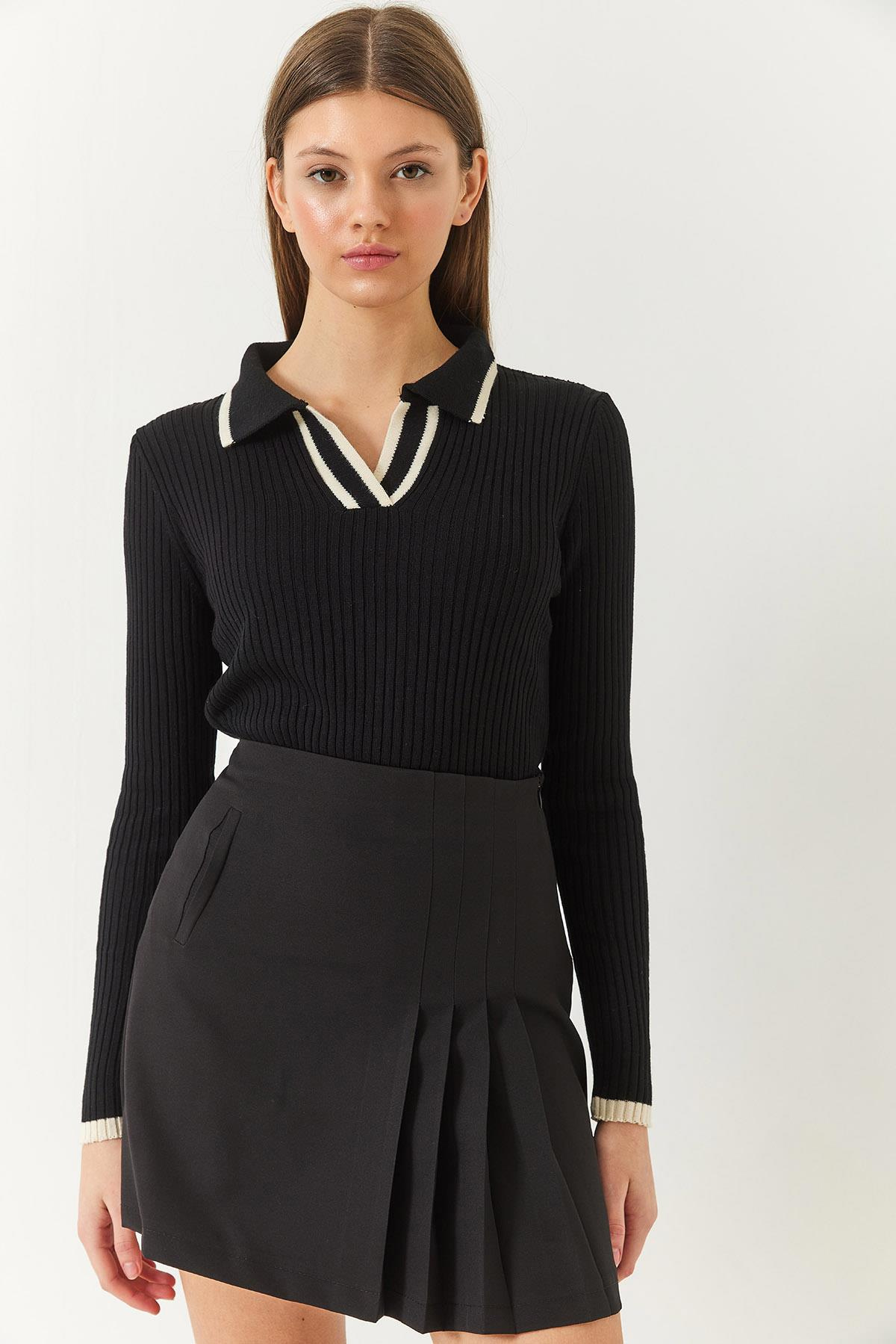Polo Yaka Fitilli Şerit Detaylı Mevsimlik Uzun Kollu Triko Bluz 60261446 - Siyah-Ekru