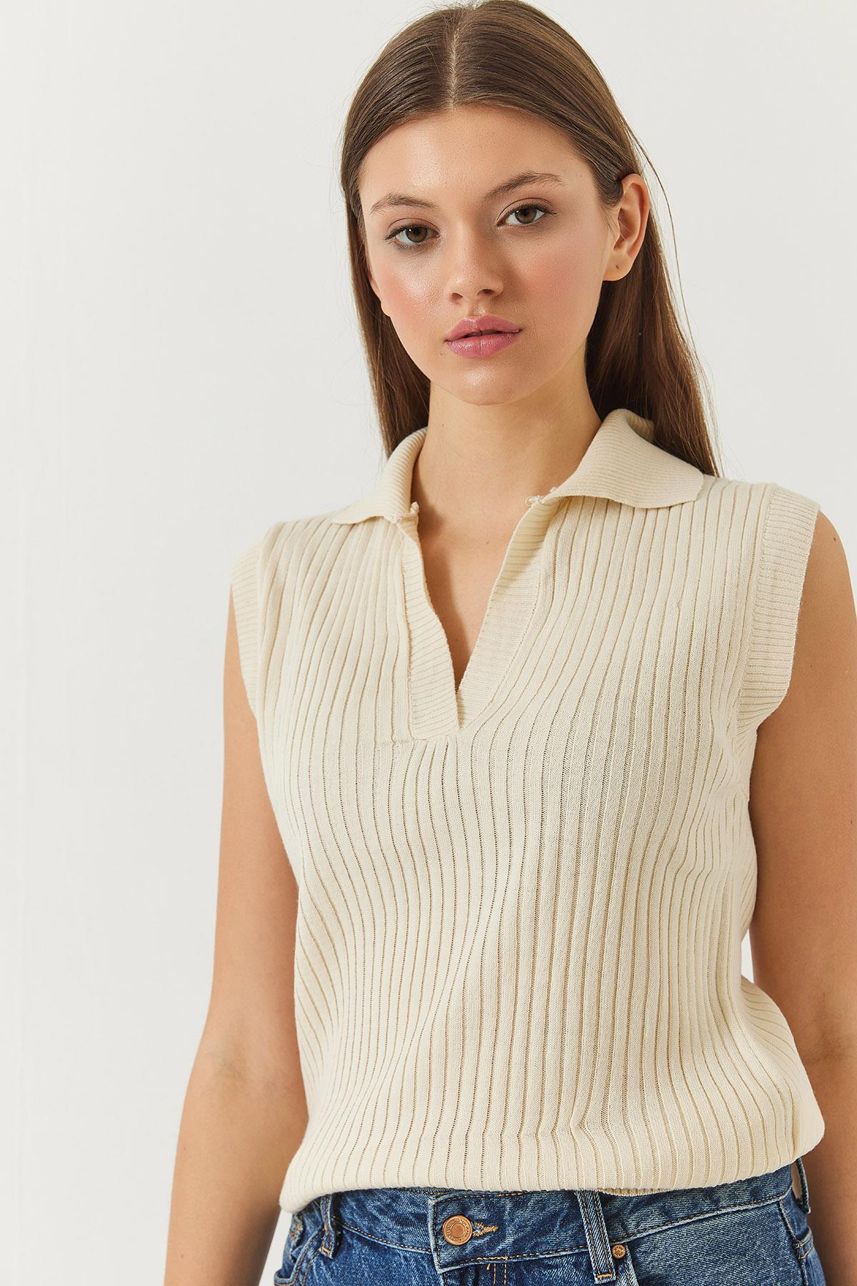 Polo Yaka Fitilli Yazlık Triko Süveter 60261445 - Ekru