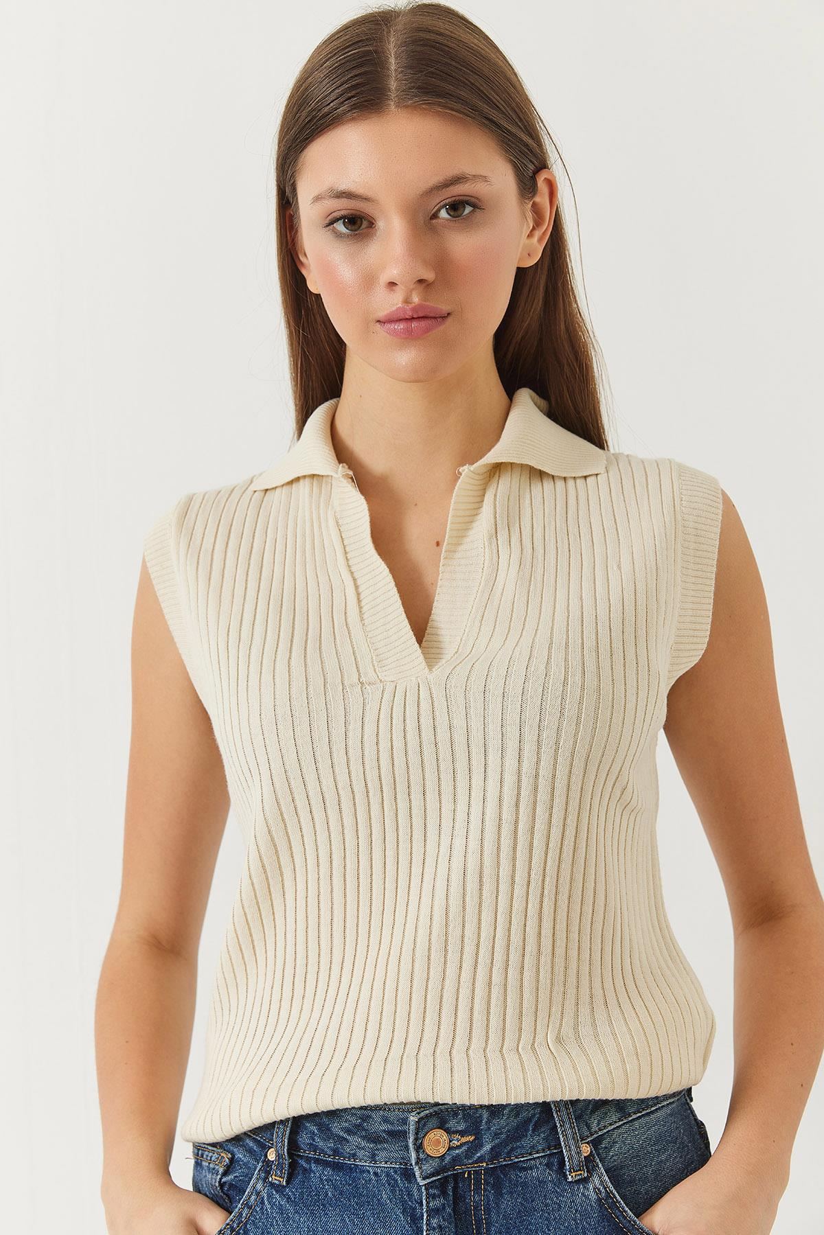 Polo Yaka Fitilli Yazlık Triko Süveter 60261445 - Ekru