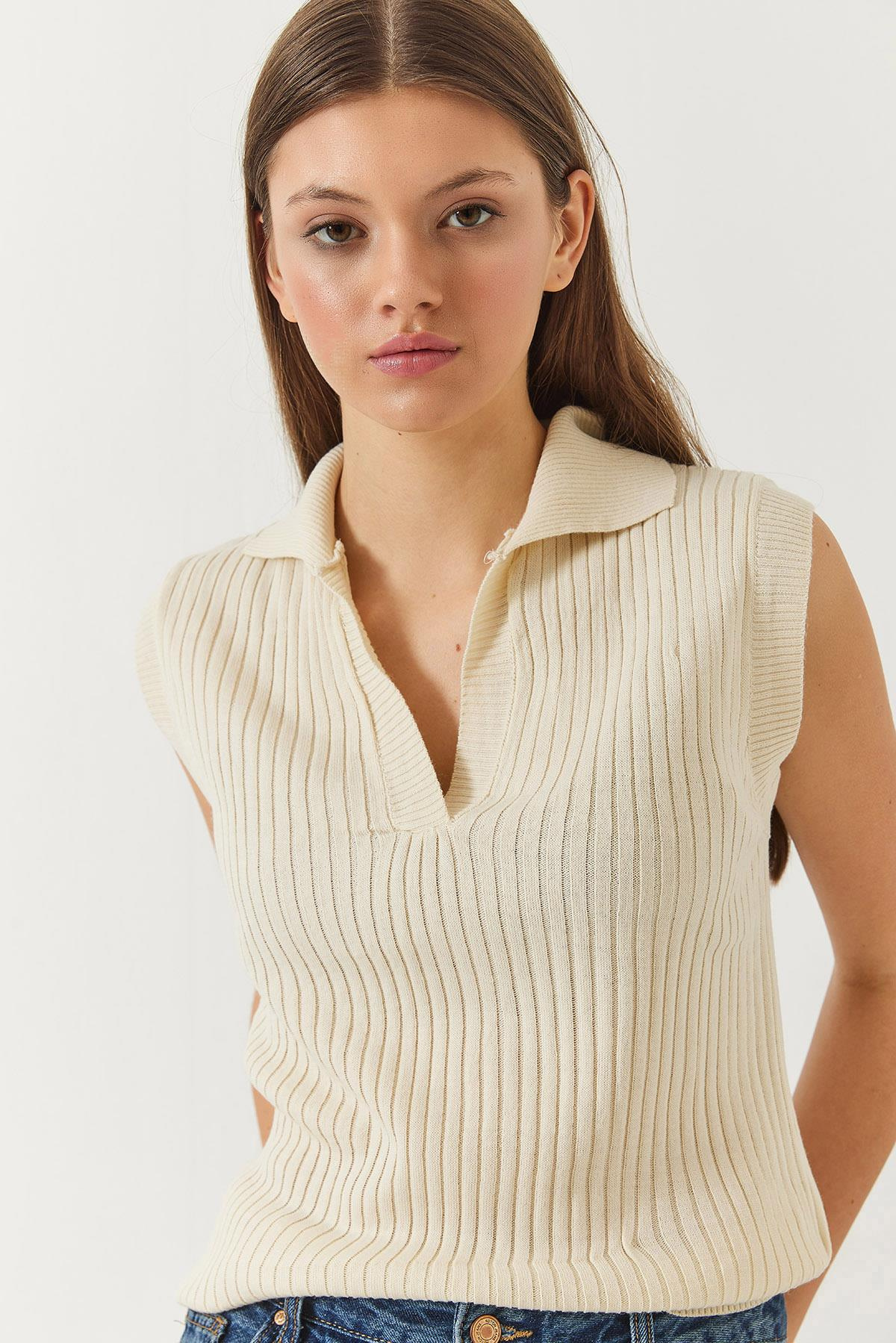 Polo Yaka Fitilli Yazlık Triko Süveter 60261445 - Ekru