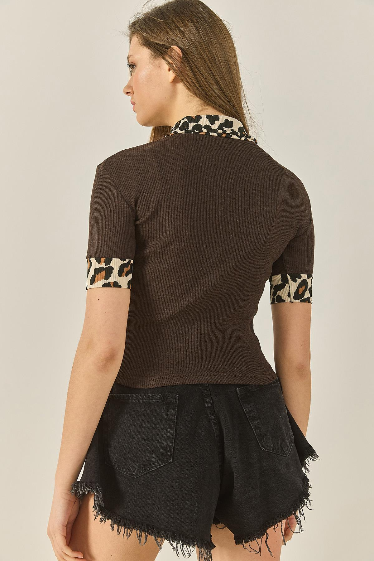 Polo Yaka Leopar Detaylı Fitilli Örme Bluz 2470 60284047 - Acı Kahve