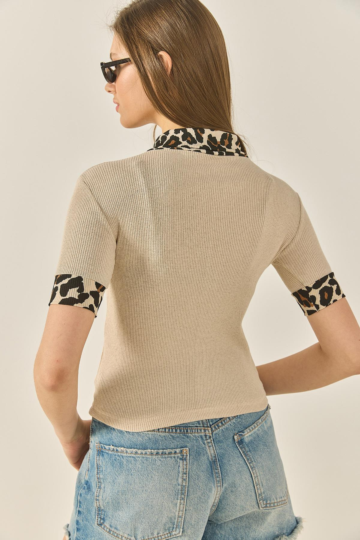 Polo Yaka Leopar Detaylı Fitilli Örme Bluz 2470 60284047 - Bej