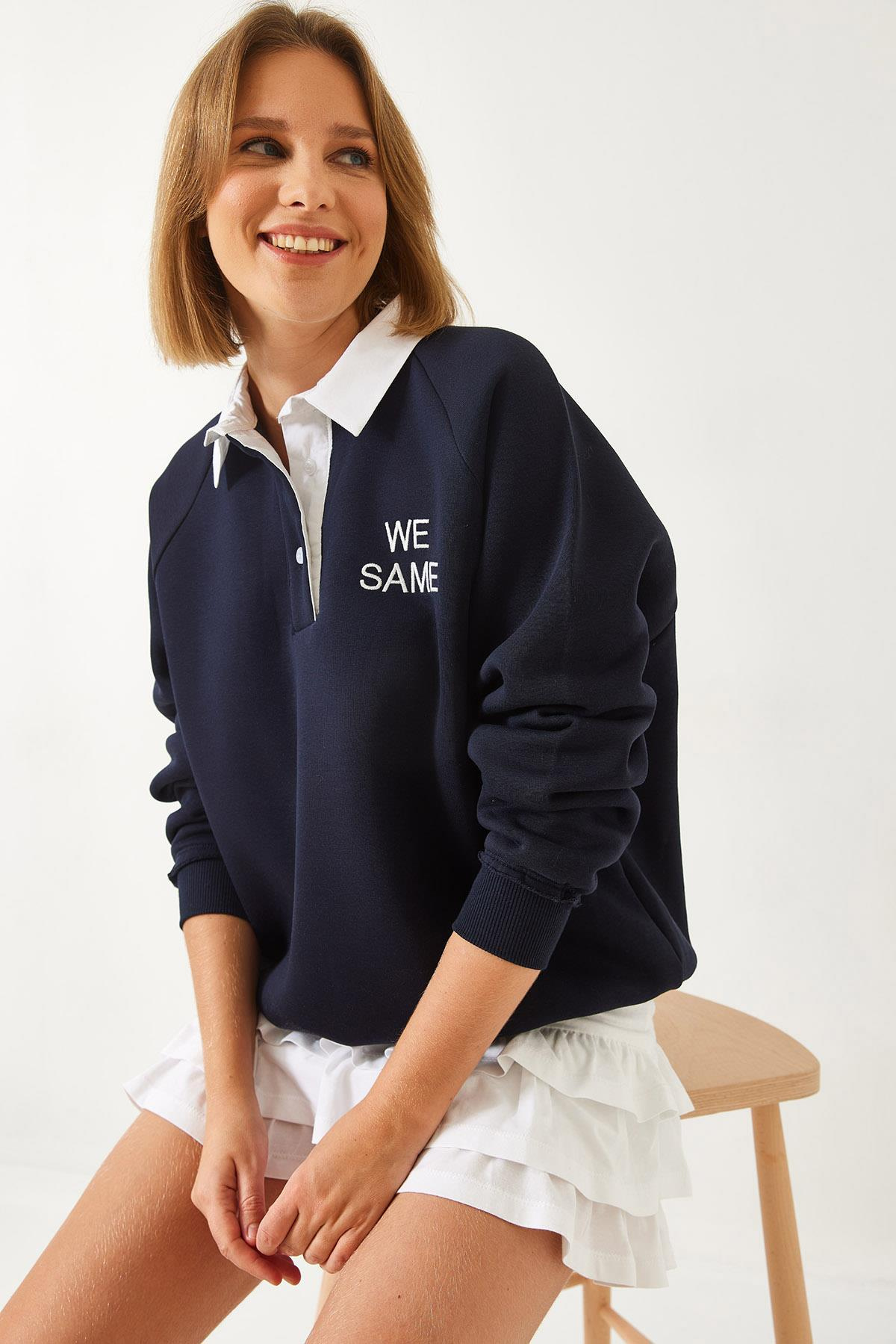 Polo Yaka Üç İplik Şardonlu Sweatshirt 2069 60261149 - Lacivert