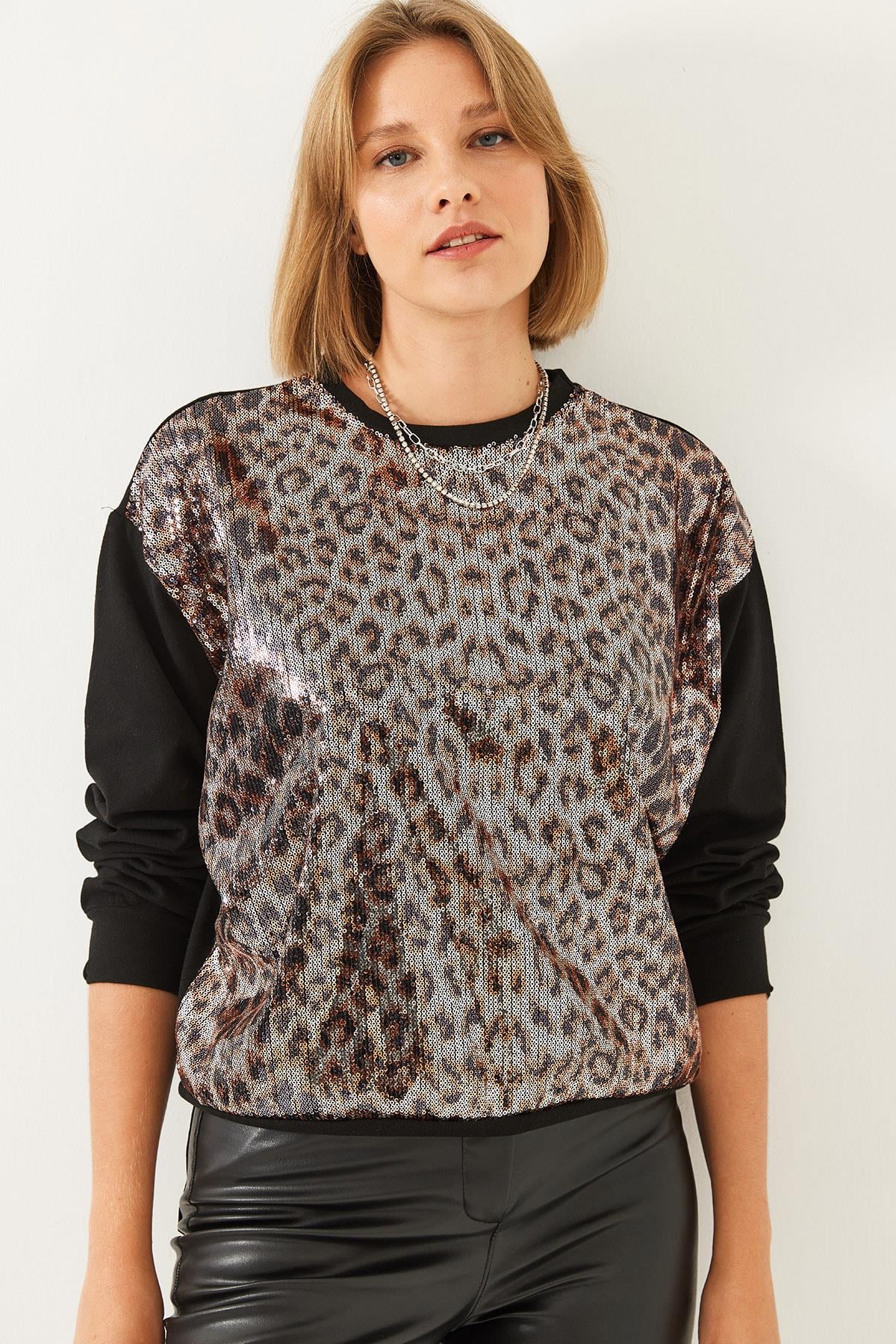 Pul Payetli Sweatshirt 60251935 - Siyah-Camel SWEATSHİRT modelleri