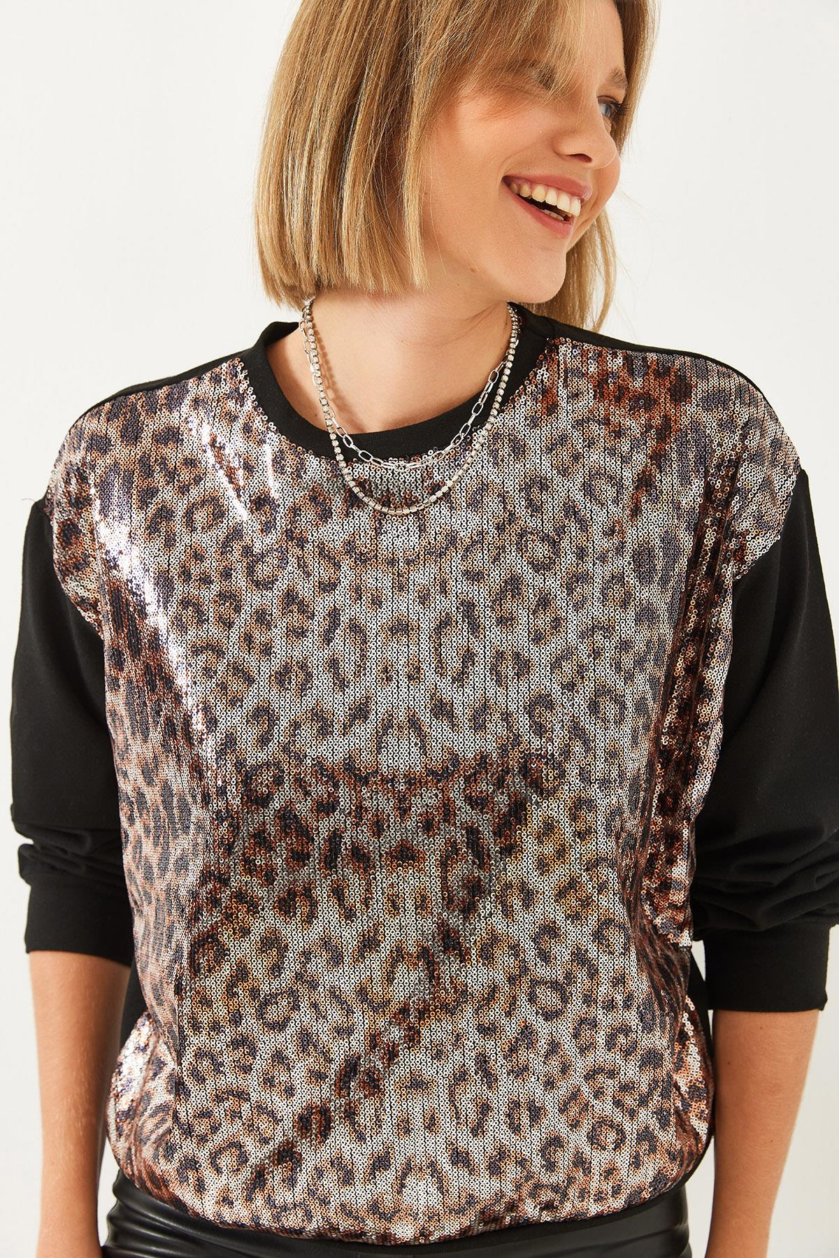 Pul Payetli Sweatshirt 60251935 - Siyah-Camel SWEATSHİRT modelleri