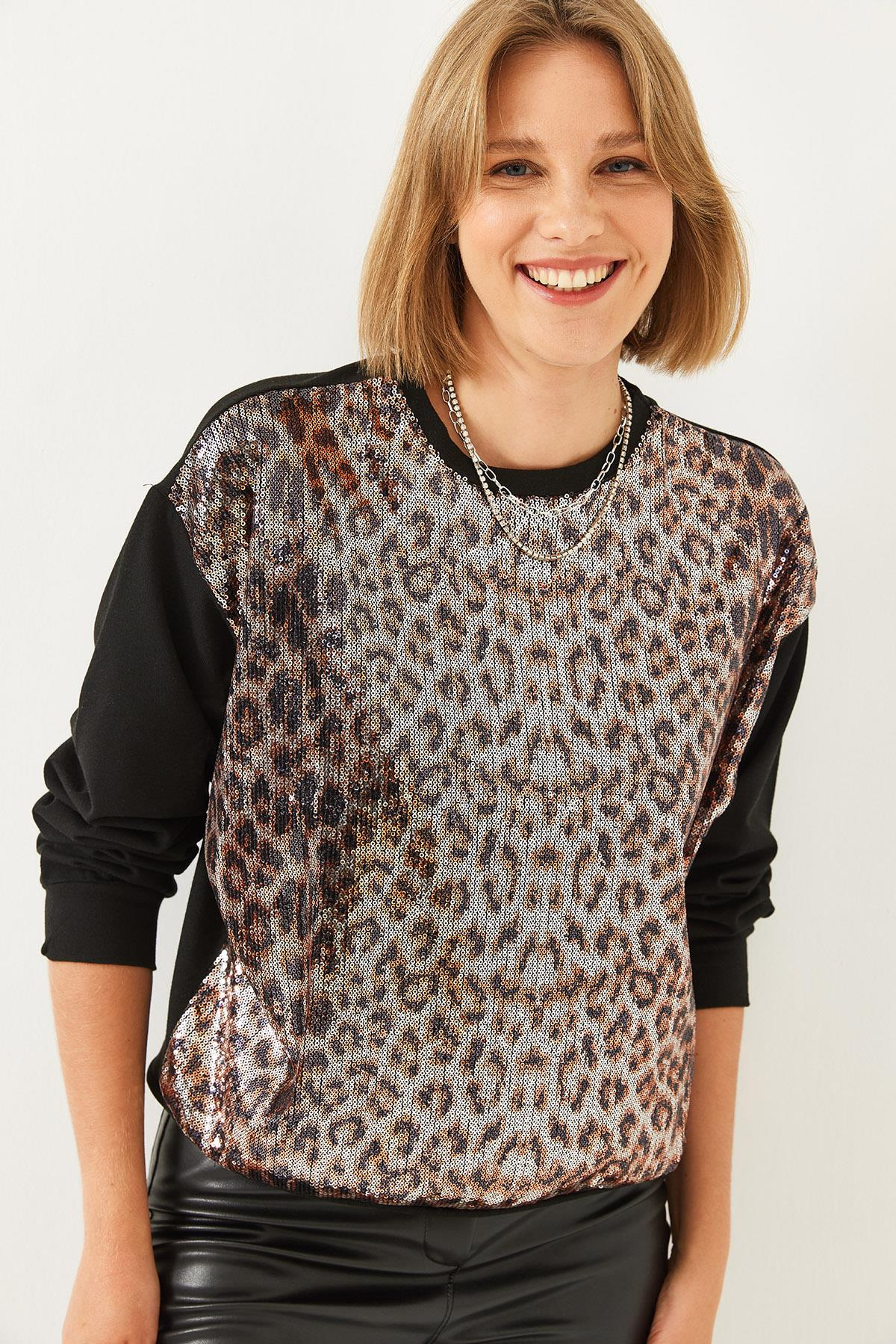 Pul Payetli Sweatshirt 60251935 - Siyah-Camel SWEATSHİRT modelleri