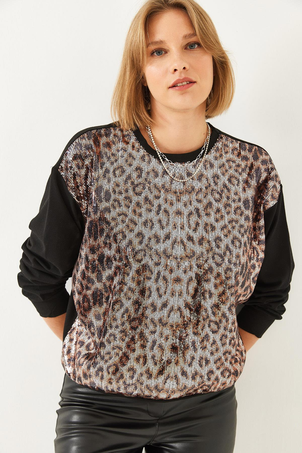 Pul Payetli Sweatshirt 60251935 - Siyah-Camel SWEATSHİRT modelleri