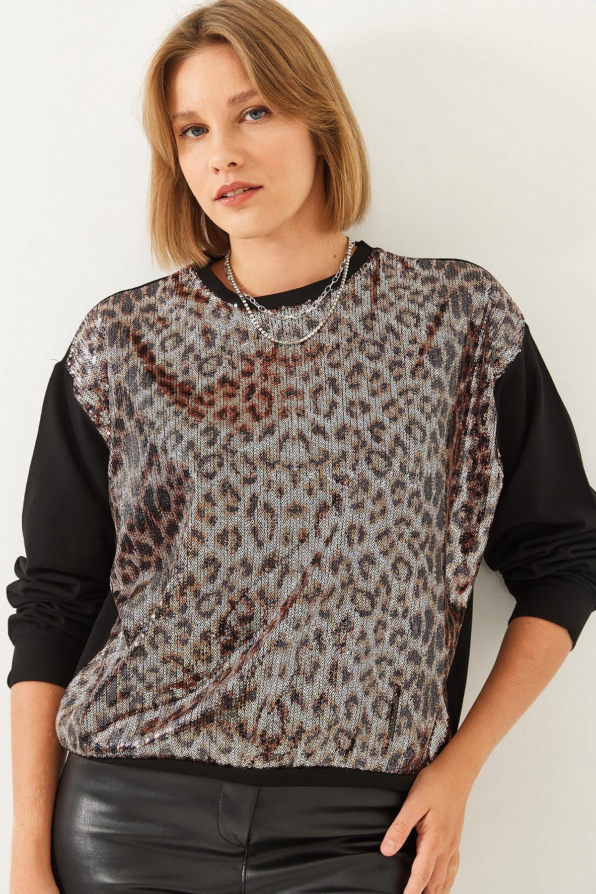 Pul Payetli Sweatshirt 60251935 - Siyah-Camel SWEATSHİRT modelleri