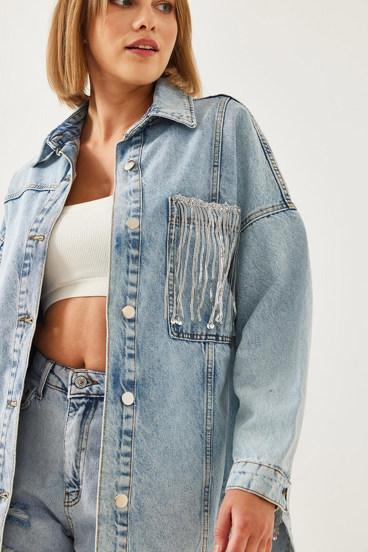 Püsküllü Denim Ceket 60351235 - Mavi