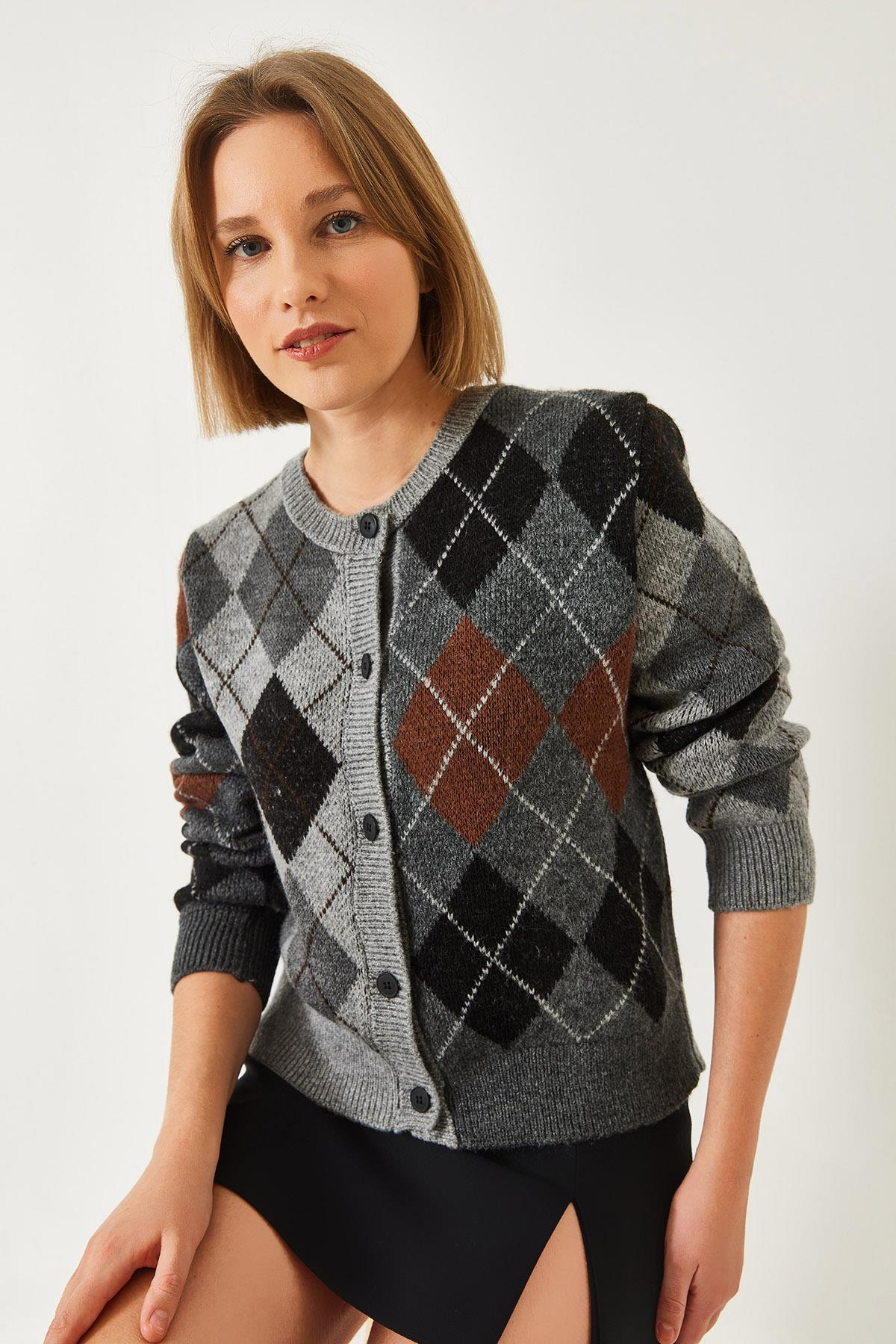 Renkli Baklava Desenli Basic Hırka 241150 60261342 - Antrasit