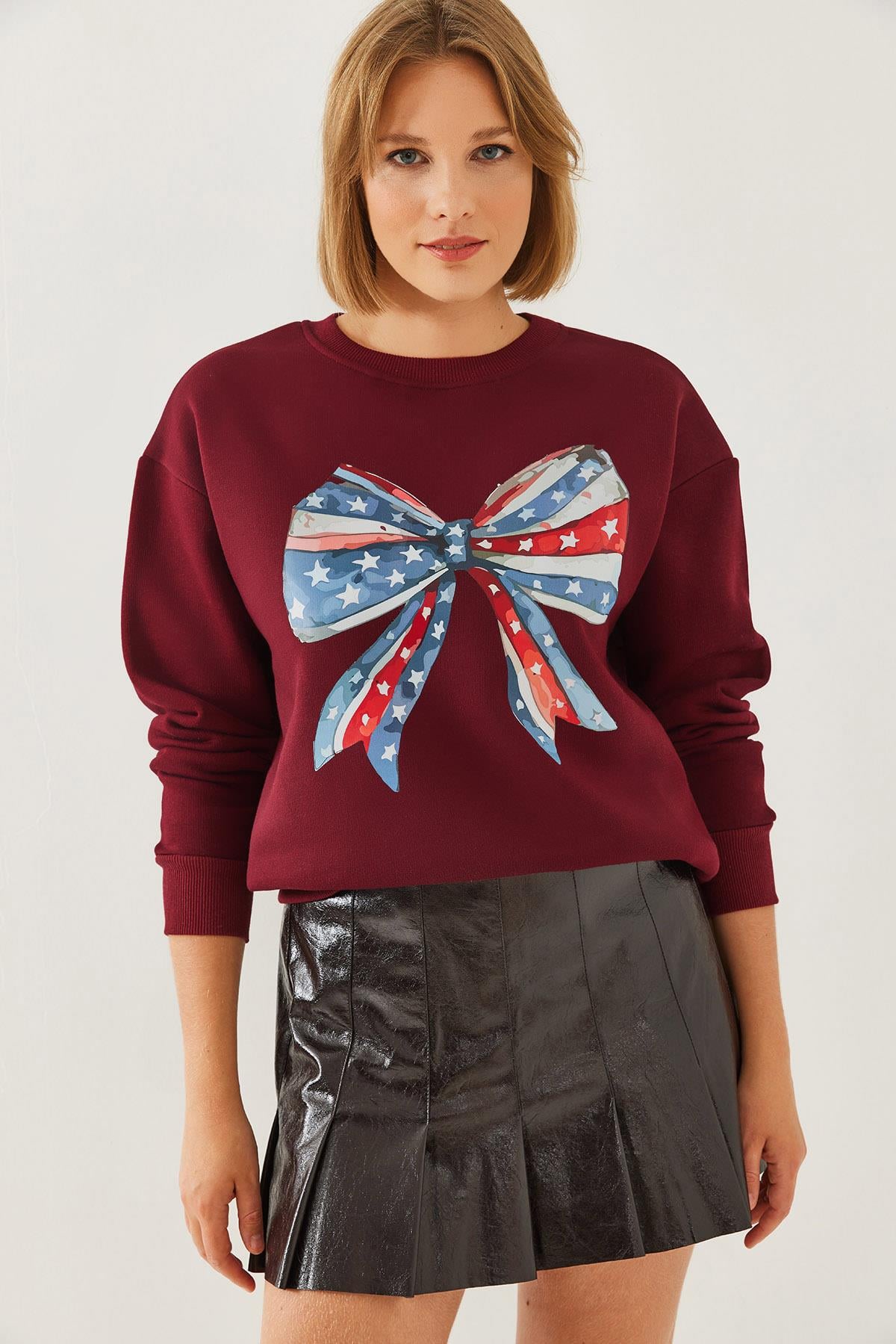 Renkli Kelebek Baskılı Sweatshirt MBHS019 60601019 - Bordo