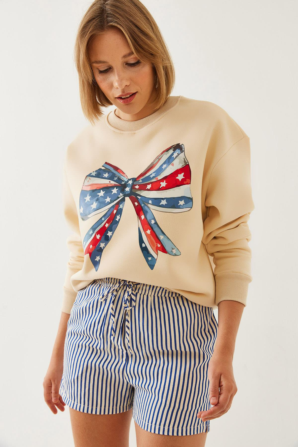 Renkli Kelebek Baskılı Sweatshirt MBHS019 60601019 - Bej