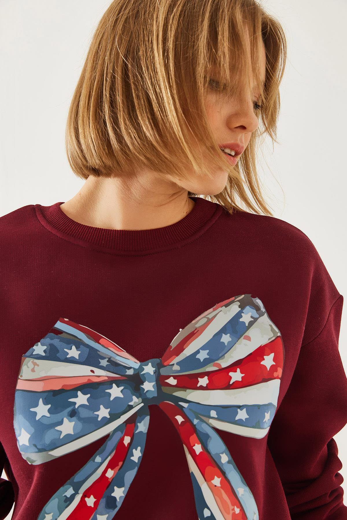 Renkli Kelebek Baskılı Sweatshirt MBHS019 60601019 - Bordo