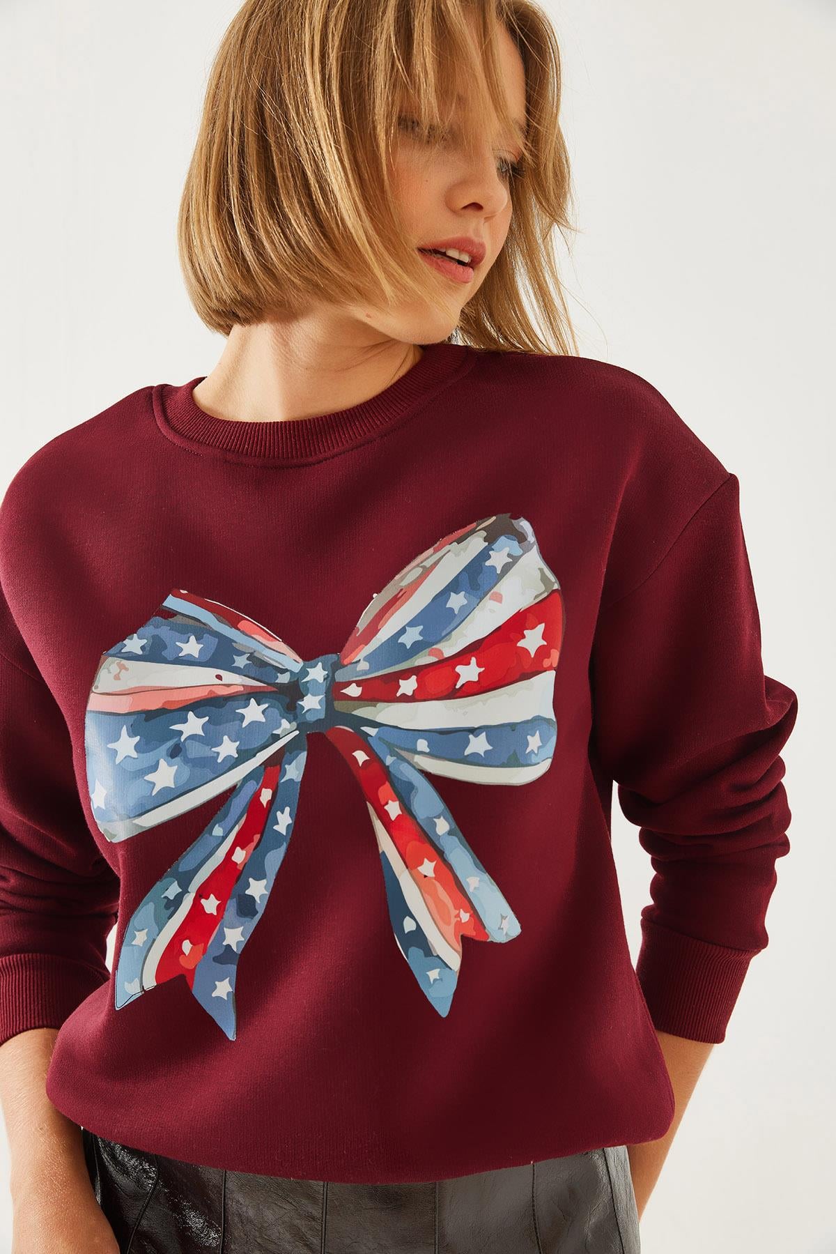 Renkli Kelebek Baskılı Sweatshirt MBHS019 60601019 - Bordo