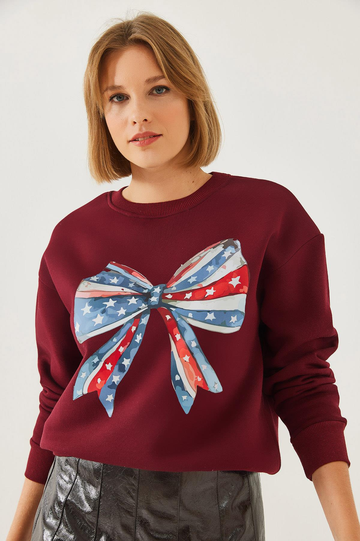 Renkli Kelebek Baskılı Sweatshirt MBHS019 60601019 - Bordo
