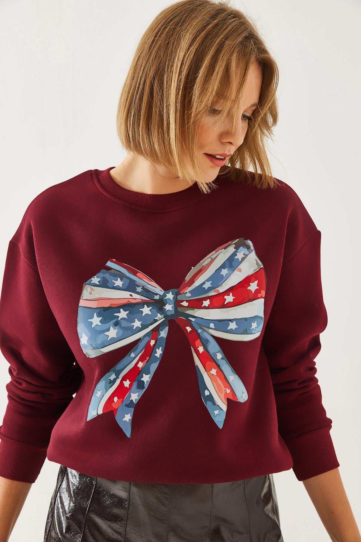 Renkli Kelebek Baskılı Sweatshirt MBHS019 60601019 - Bordo