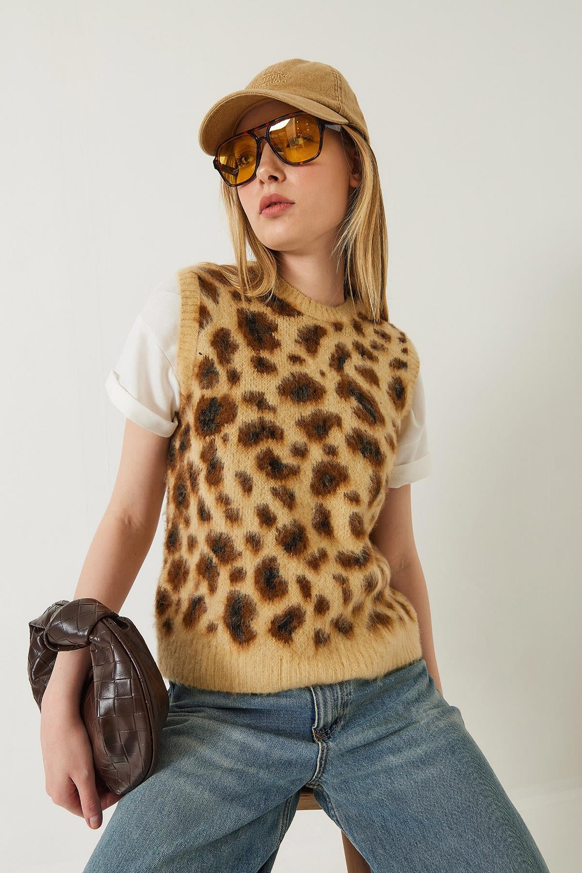 Şardonlu Leopar Desenli Süveter 20246281 - Camel-Kahverengi