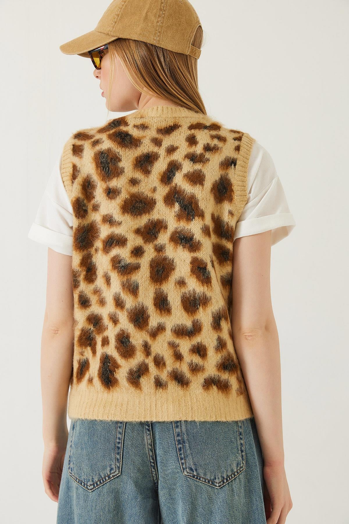 Şardonlu Leopar Desenli Süveter 20246281 - Camel-Kahverengi