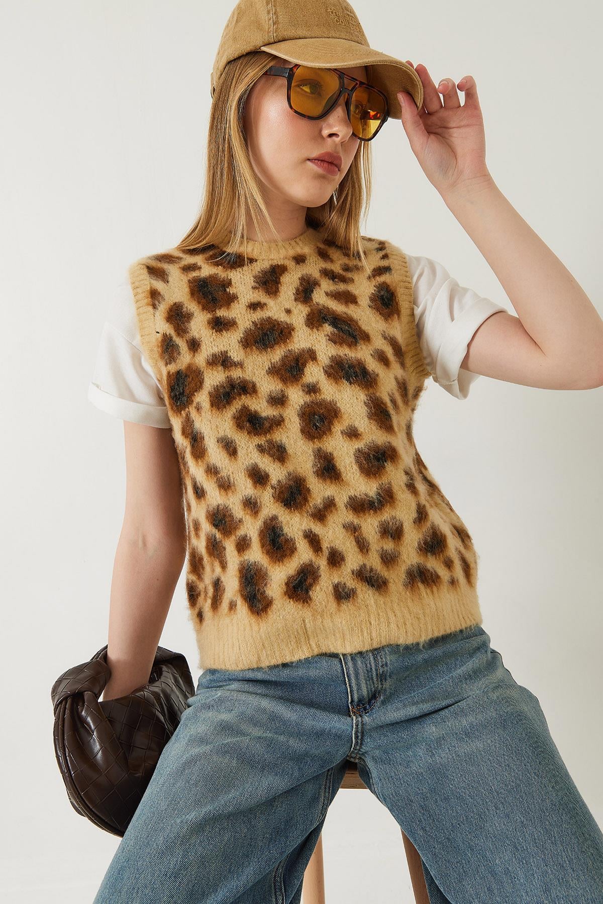 Şardonlu Leopar Desenli Süveter 20246281 - Camel-Kahverengi