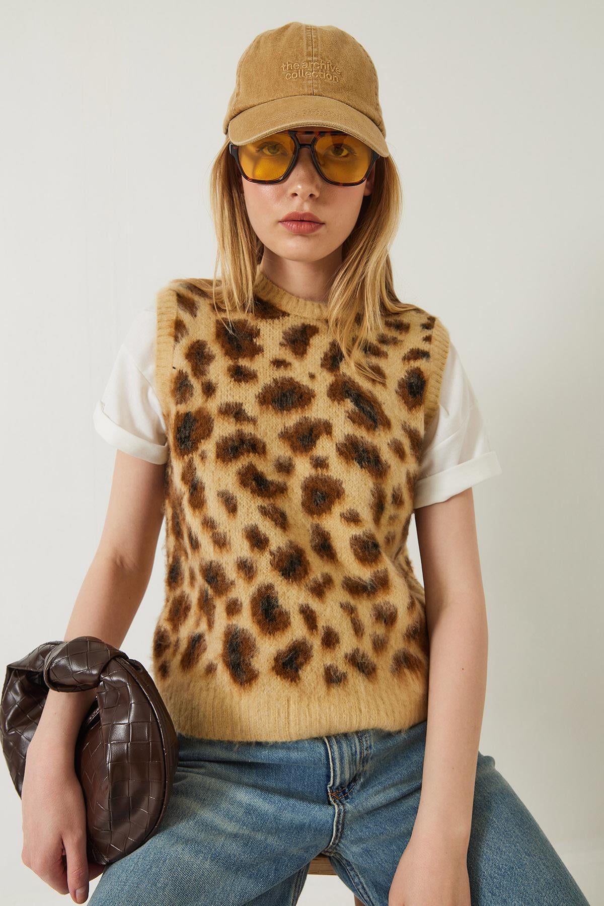 Şardonlu Leopar Desenli Süveter 20246281 - Camel-Kahverengi