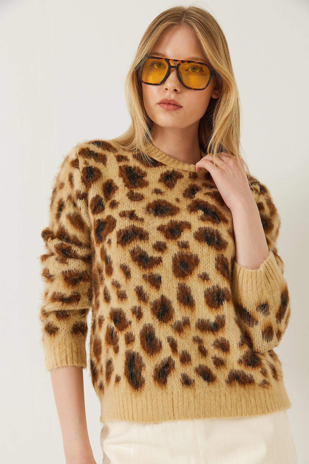 Şardonlu Leopar Desenli Triko Kazak 20246260 - Camel-Kahverengi