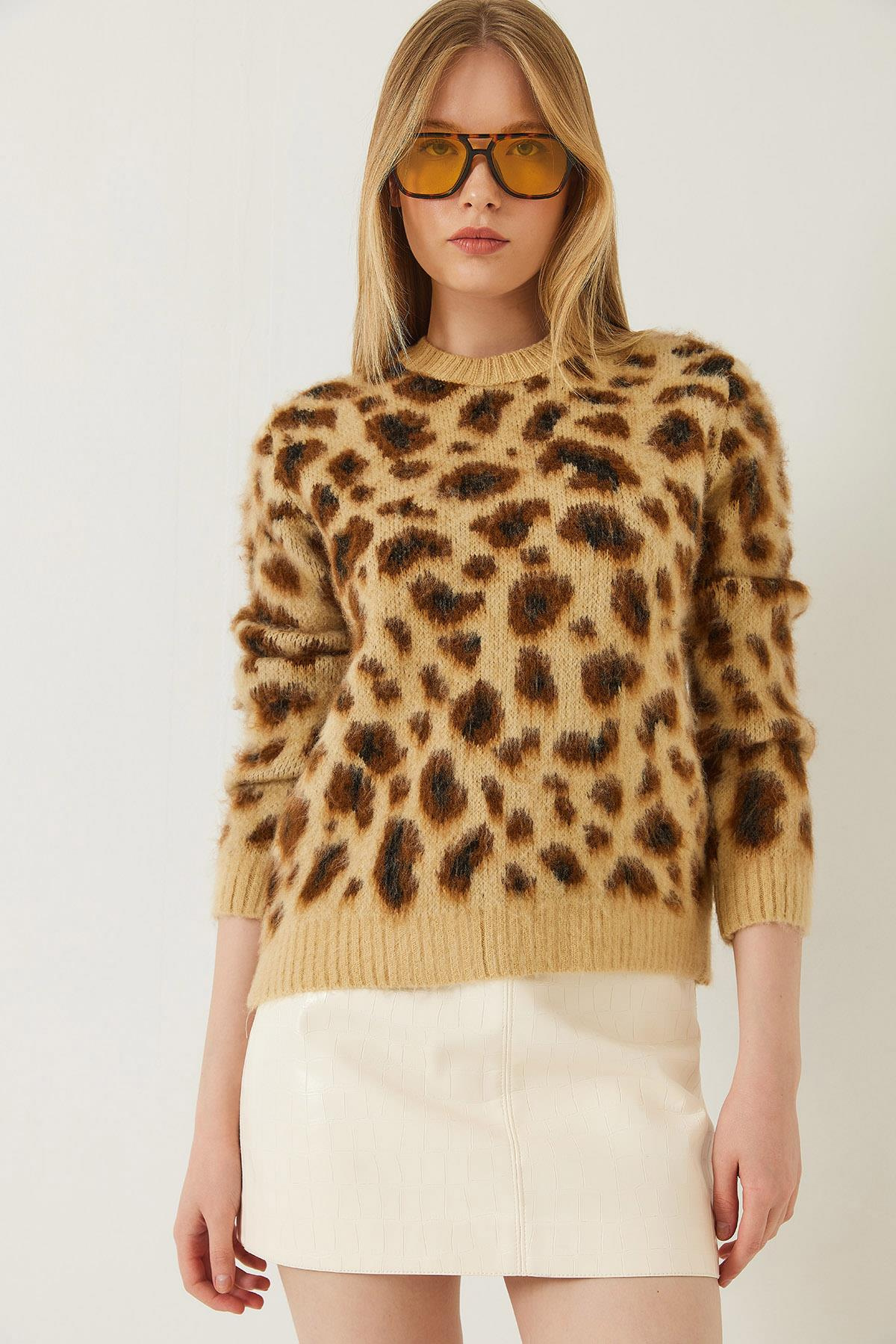 Şardonlu Leopar Desenli Triko Kazak 20246260 - Camel-Kahverengi