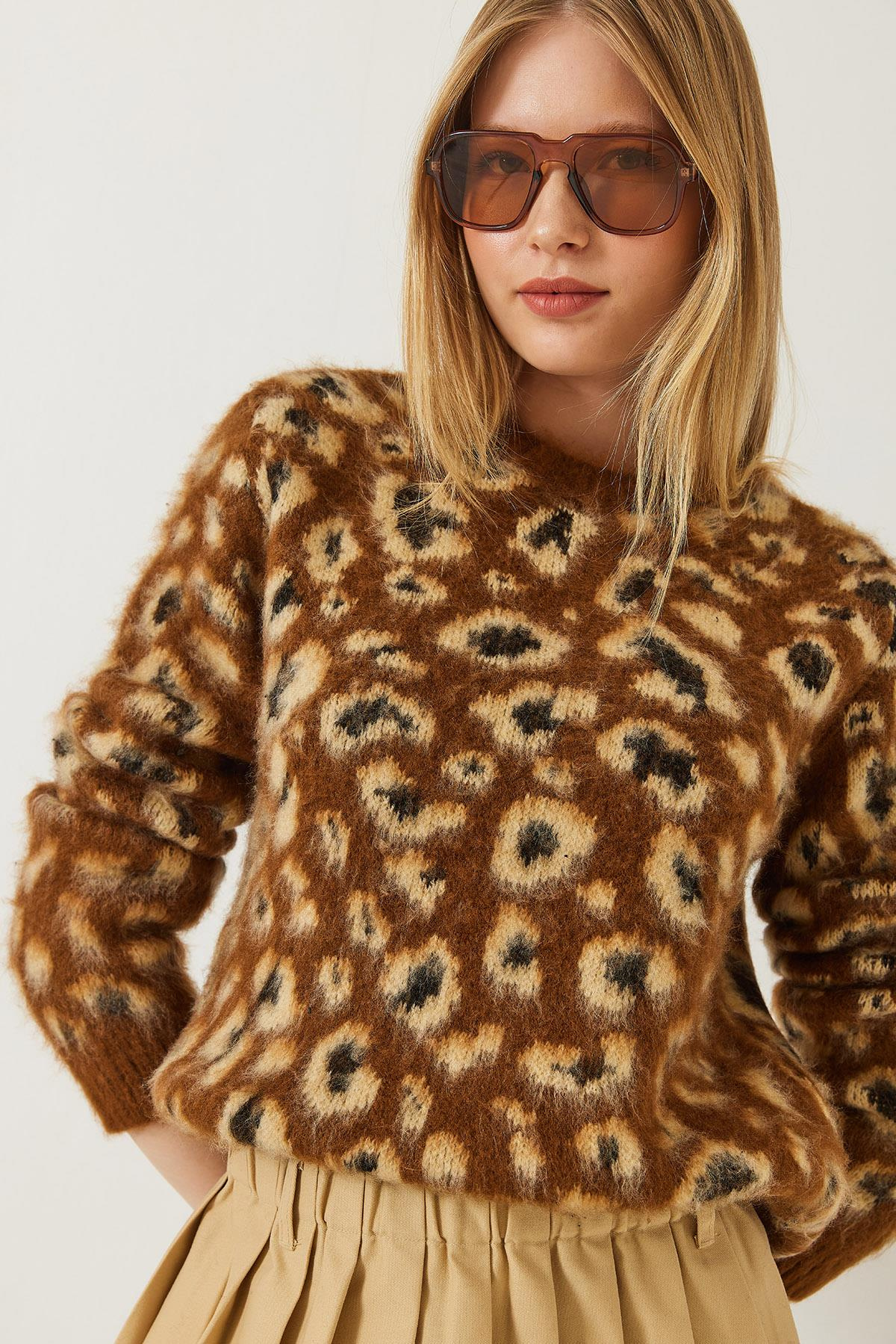 Şardonlu Leopar Desenli Triko Kazak 20246260 - Kahve-Camel