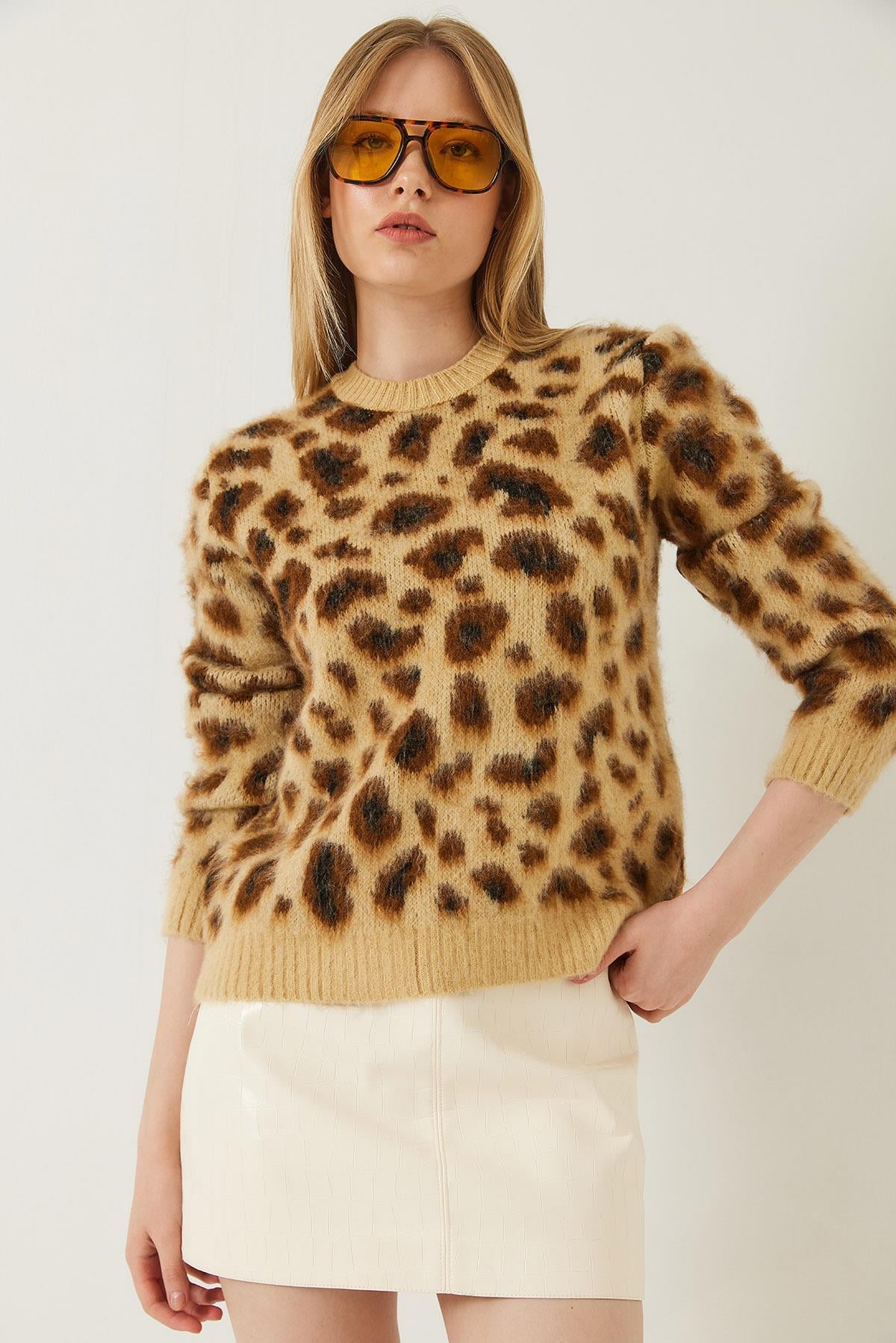 Şardonlu Leopar Desenli Triko Kazak 20246260 - Camel-Kahverengi