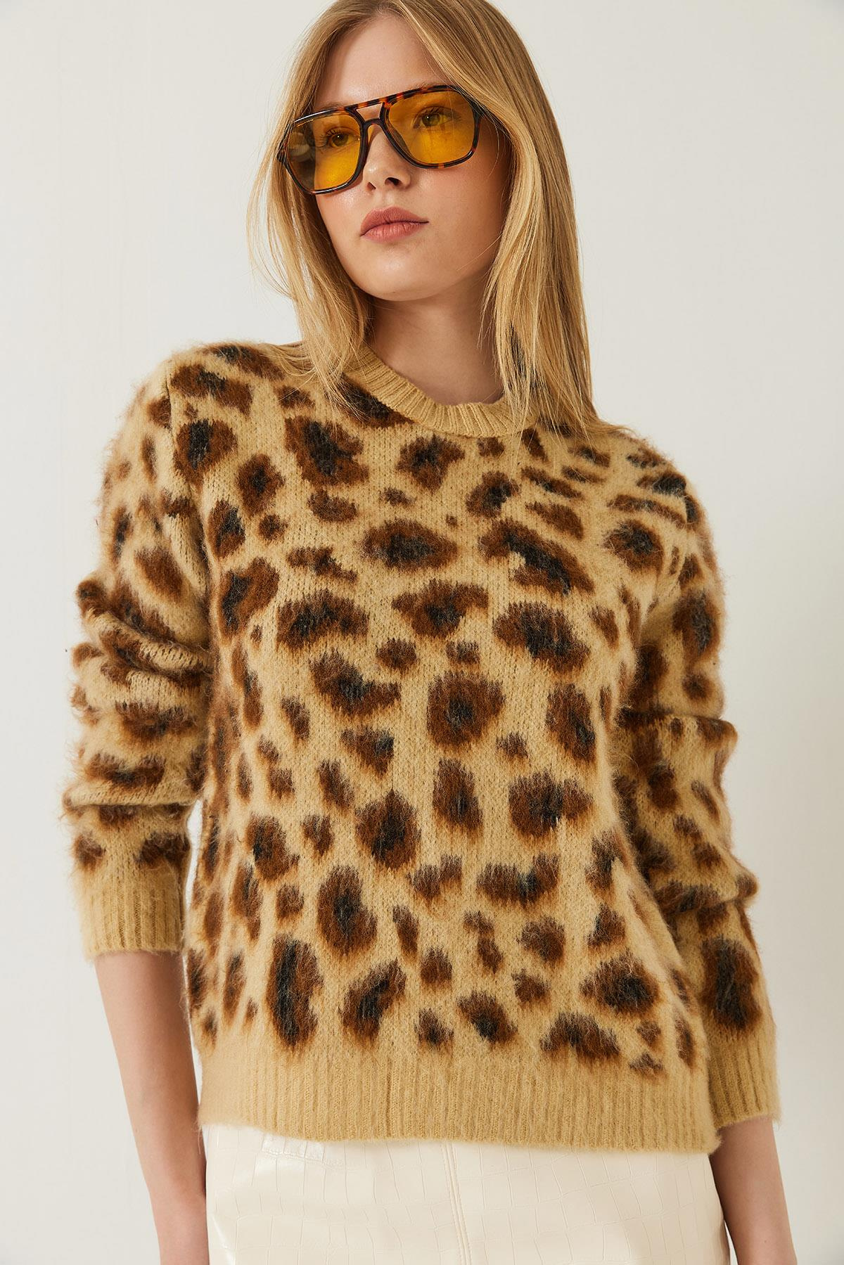 Şardonlu Leopar Desenli Triko Kazak 20246260 - Camel-Kahverengi