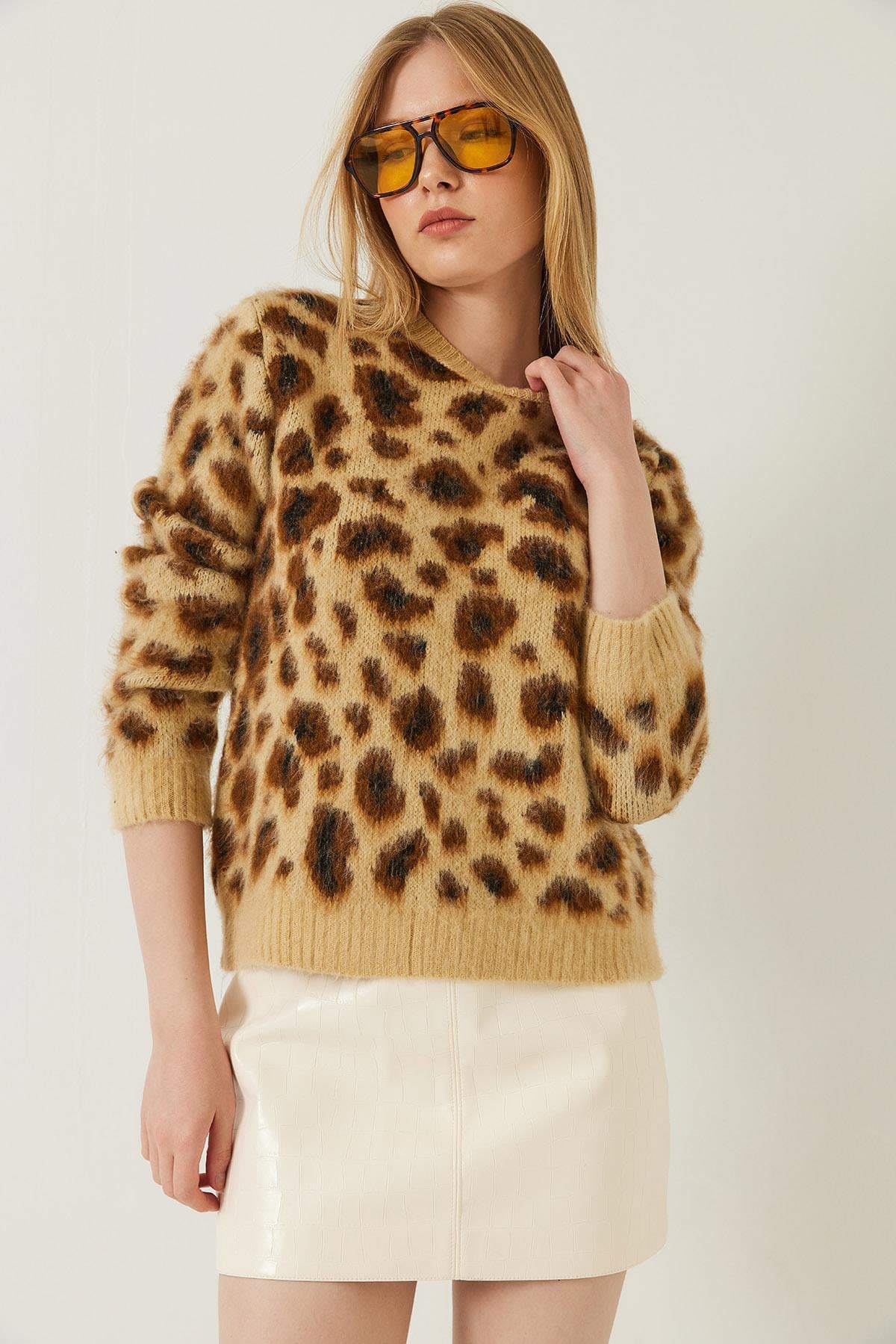 Şardonlu Leopar Desenli Triko Kazak 20246260 - Camel-Kahverengi