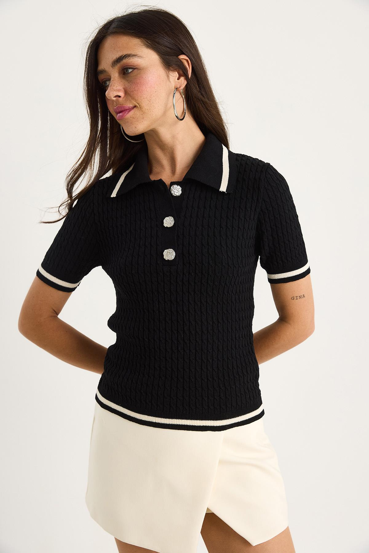 Sekiz İlmek Örgü Şerit Detaylı Polo Yaka Triko T-Shirt 20258022 - Siyah