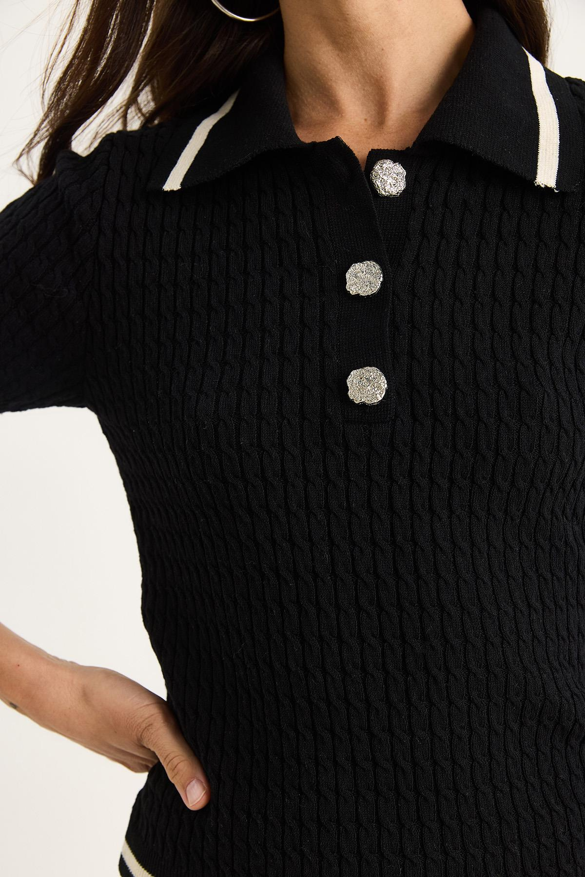 Sekiz İlmek Örgü Şerit Detaylı Polo Yaka Triko T-Shirt 20258022 - Siyah