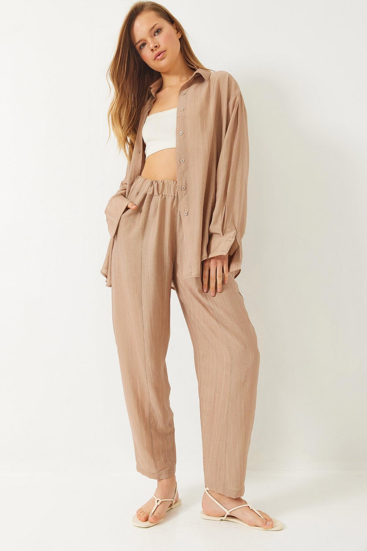 Sieva Kumaş Oversize Viskon Gömlek Pantolon Alt-Üst Takım 9291 60281015 - Bej