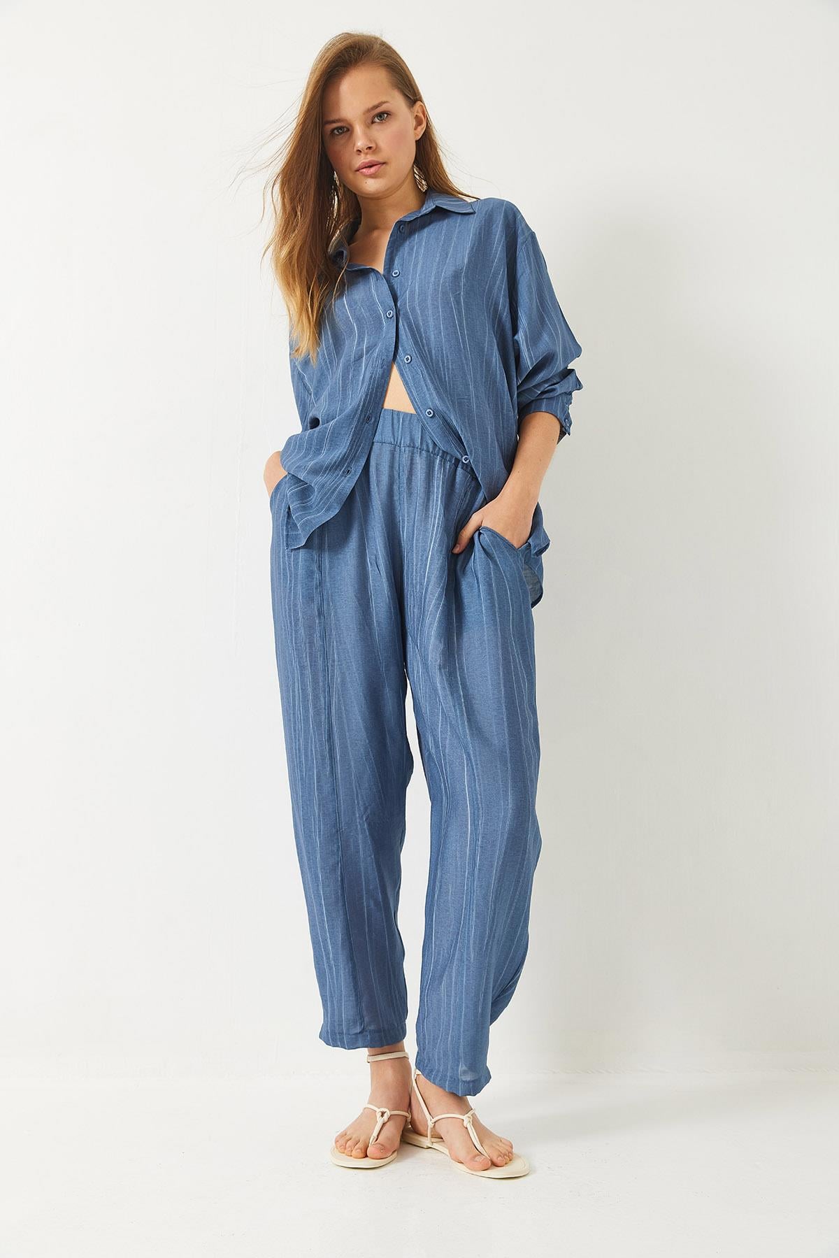 Sieva Kumaş Oversize Viskon Gömlek Pantolon Alt-Üst Takım 9291 60281015 - İndigo